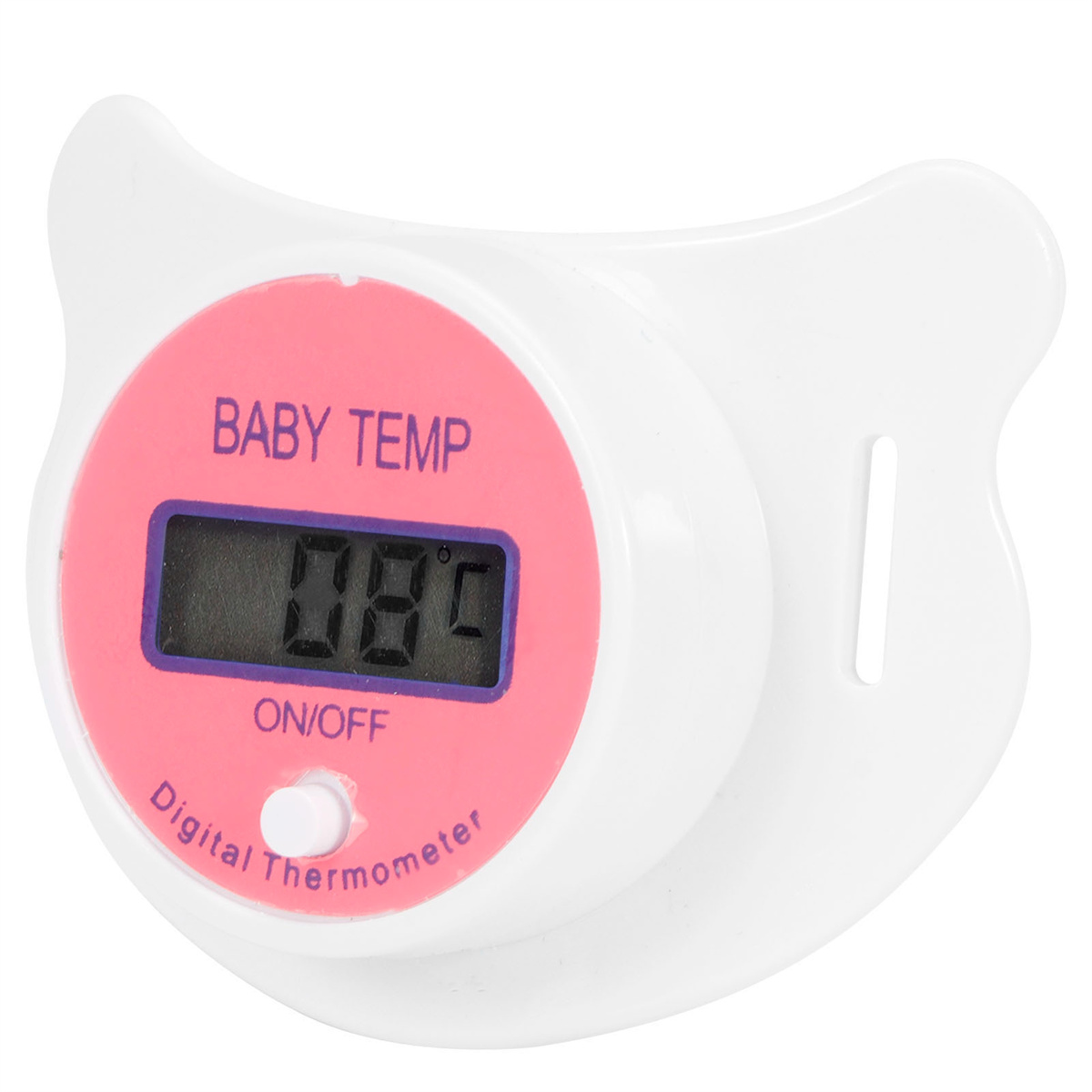 Weißer Babyschnuller mit Digitalthermometer, das die Temperatur anzeigt.