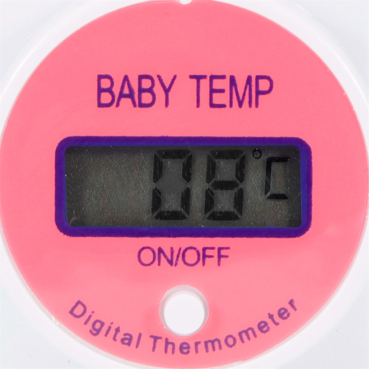 Rosa digitales Thermometer mit der Aufschrift 'BABY TEMP' und der Temperatur 08.0°C.