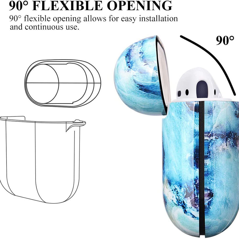 Blaues Marmor-AirPods-Case, geöffnet. Zeigt 90-Grad-Öffnung. Umriss von Case und Deckel.