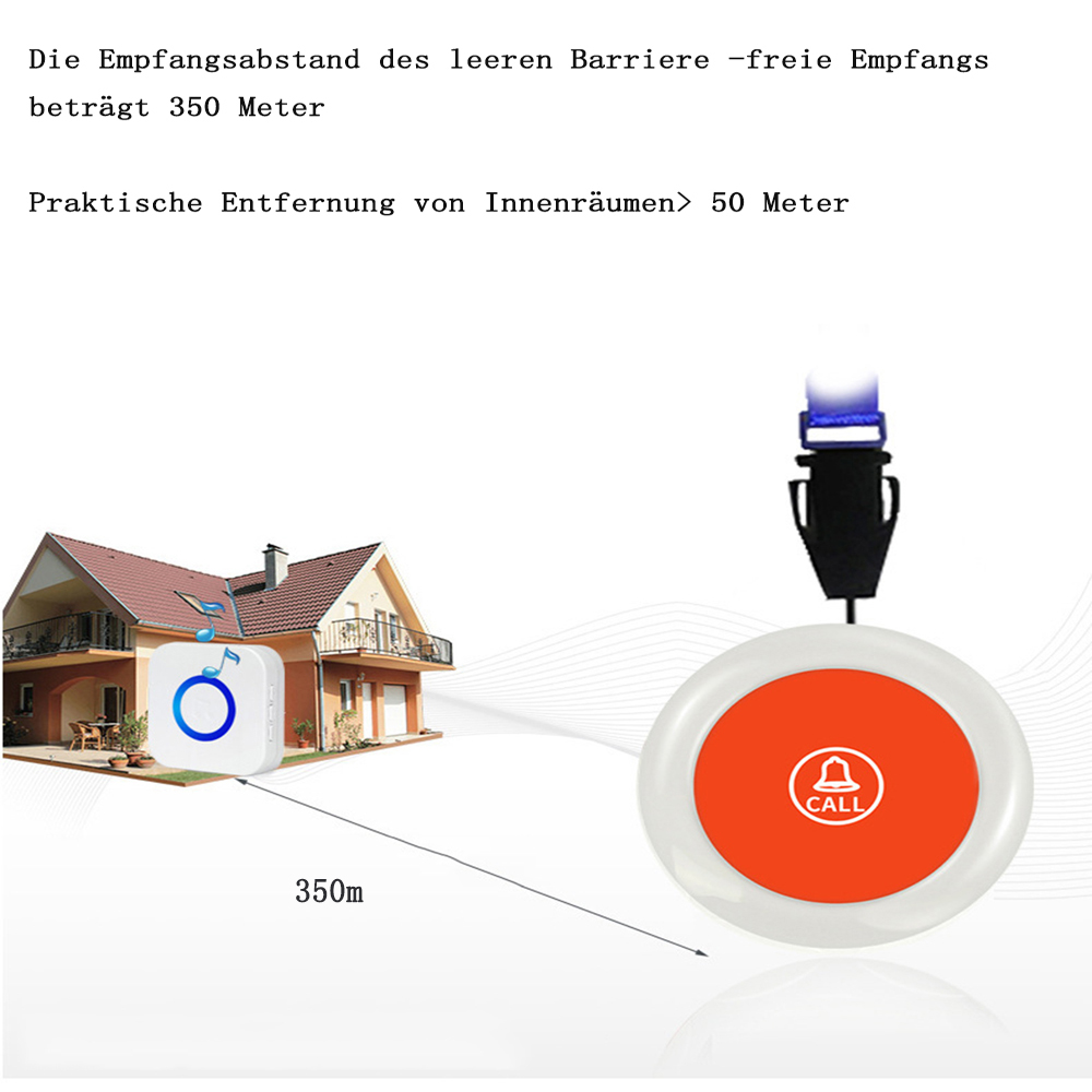 Roter Knopf mit Glockensymbol, Haus und Text über die Empfangsreichweite des Geräts.