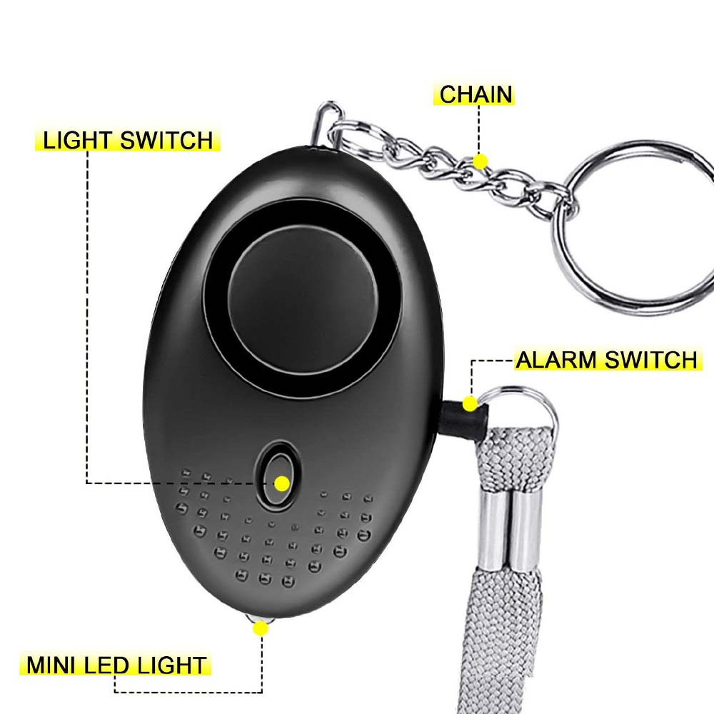 Schwarzer Alarm-Schlüsselanhänger mit Mini-LED-Licht, Alarmschalter und Kette. Mini-LED-Licht beschriftet.