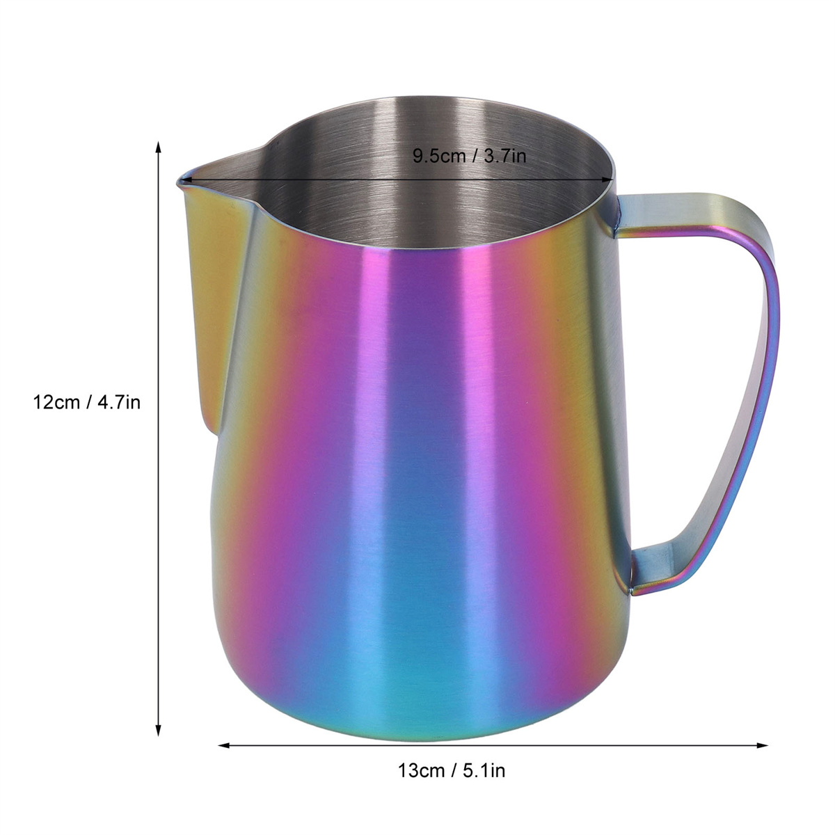 Regenbogenfarbene Milchaufschäumkanne mit Messungen an der Seite.