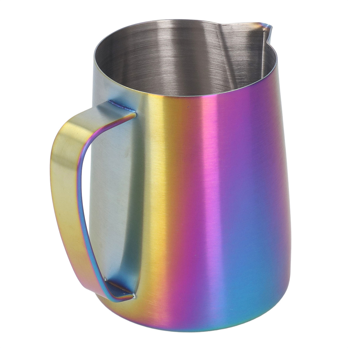 Edelstahl-Krug mit Regenbogeneffekt, mit Griff an der Seite.