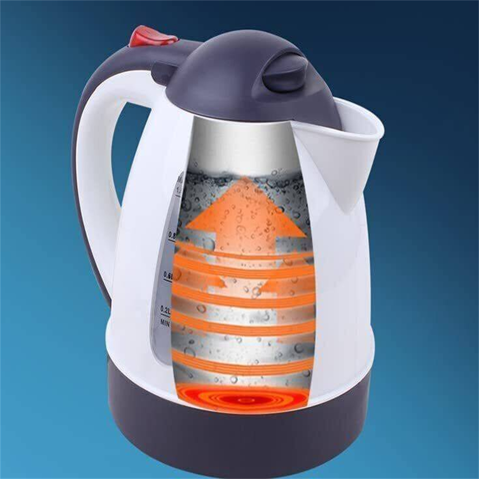 Ein transparenter Querschnitt eines weißen und dunkelgrauen Wasserkochers.