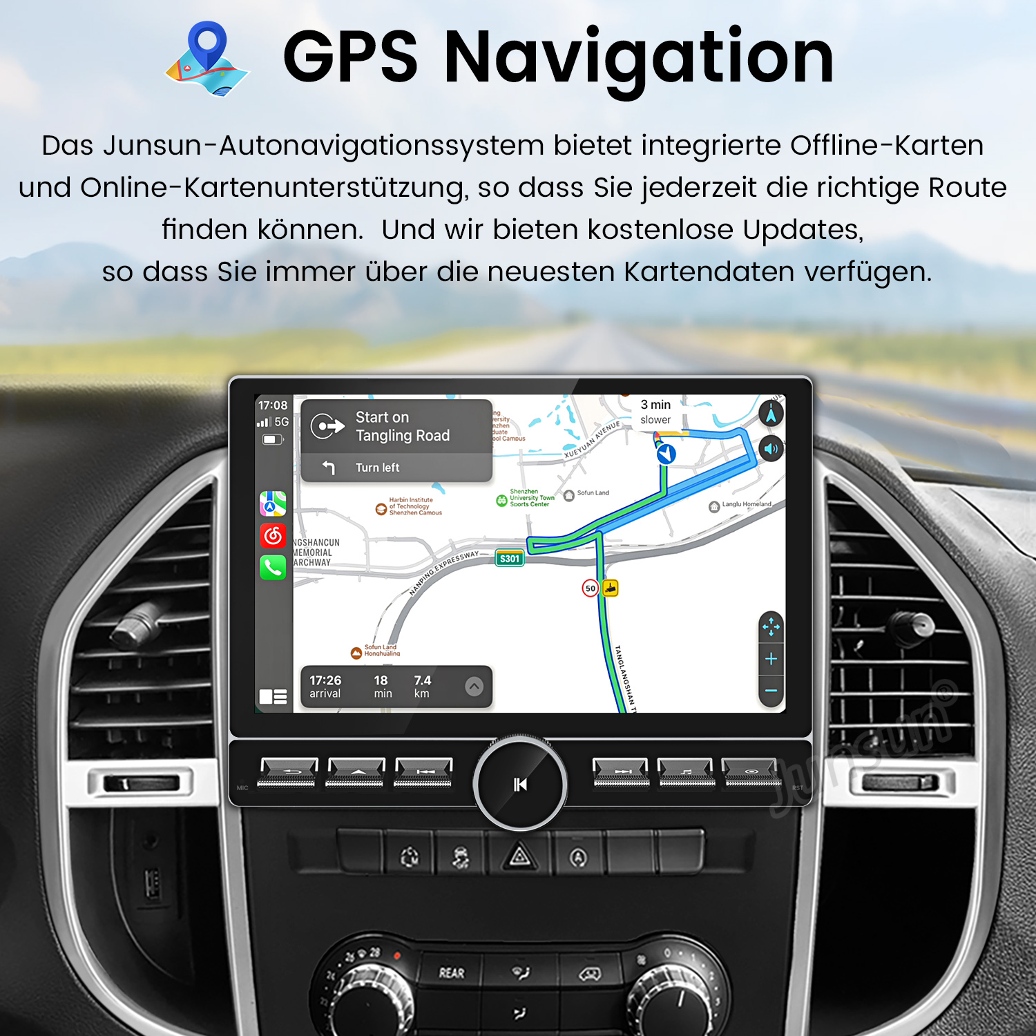 Deska rozdzielcza samochodu pokazująca ekran nawigacji GPS, tekst po niemiecku. Prowadzenie po trasie.
