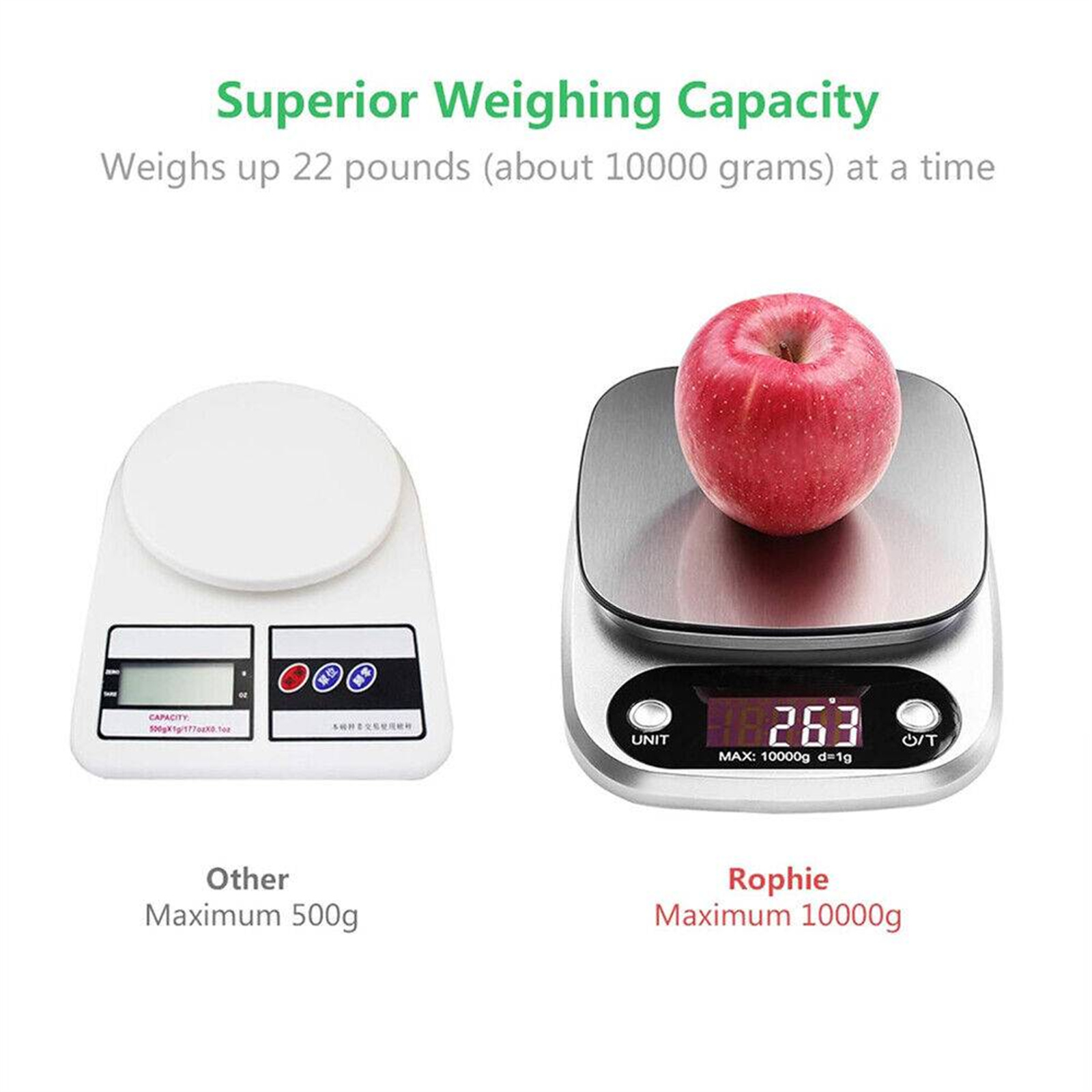 Zwei Waagen. Eine weiße, bis zu 500g, und eine silberne, bis zu 10000g, mit einem Apfel.