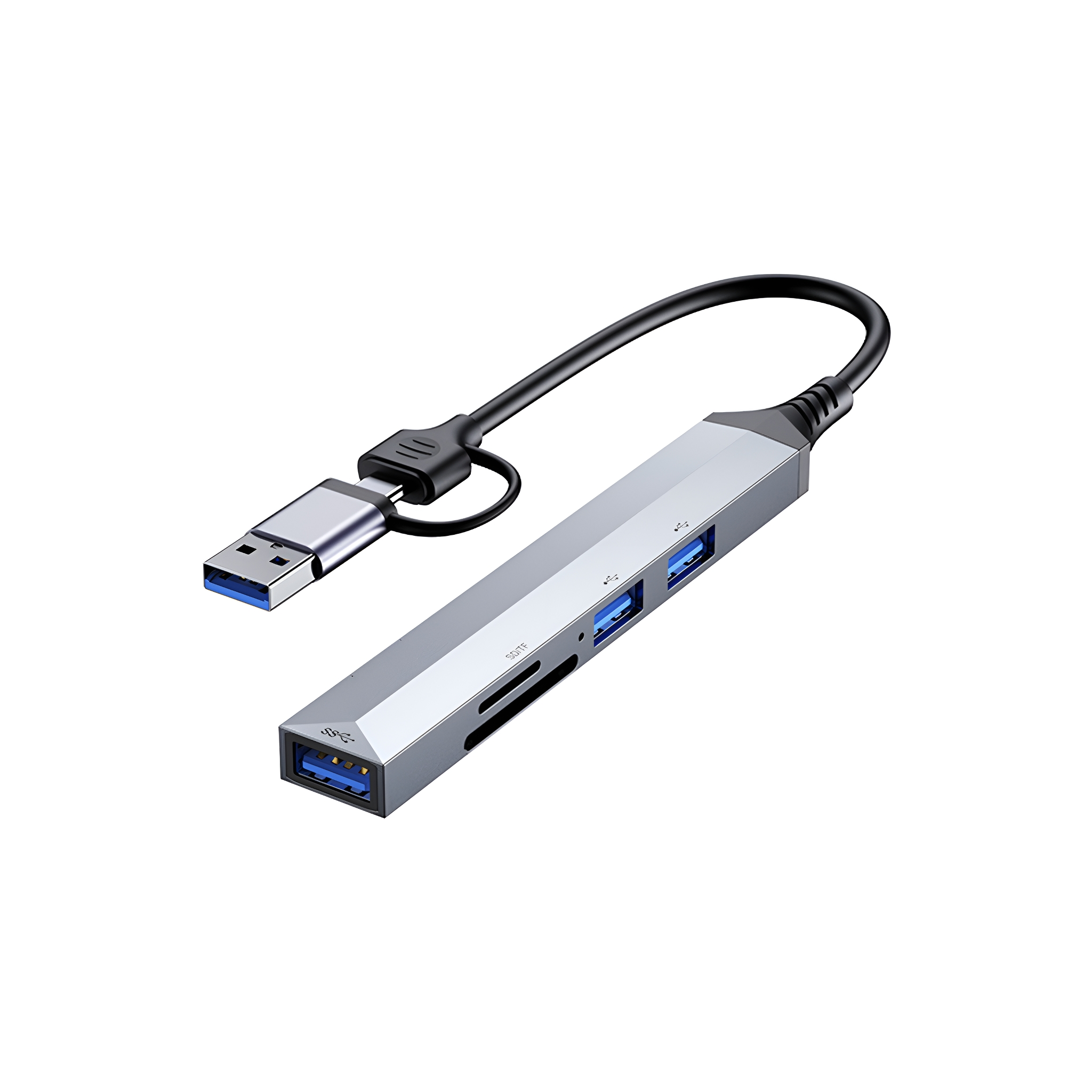 Ein silberner USB-Hub mit 3 USB-Anschlüssen, einem Kartenleser und einem USB-A- und USB-C-Anschluss.