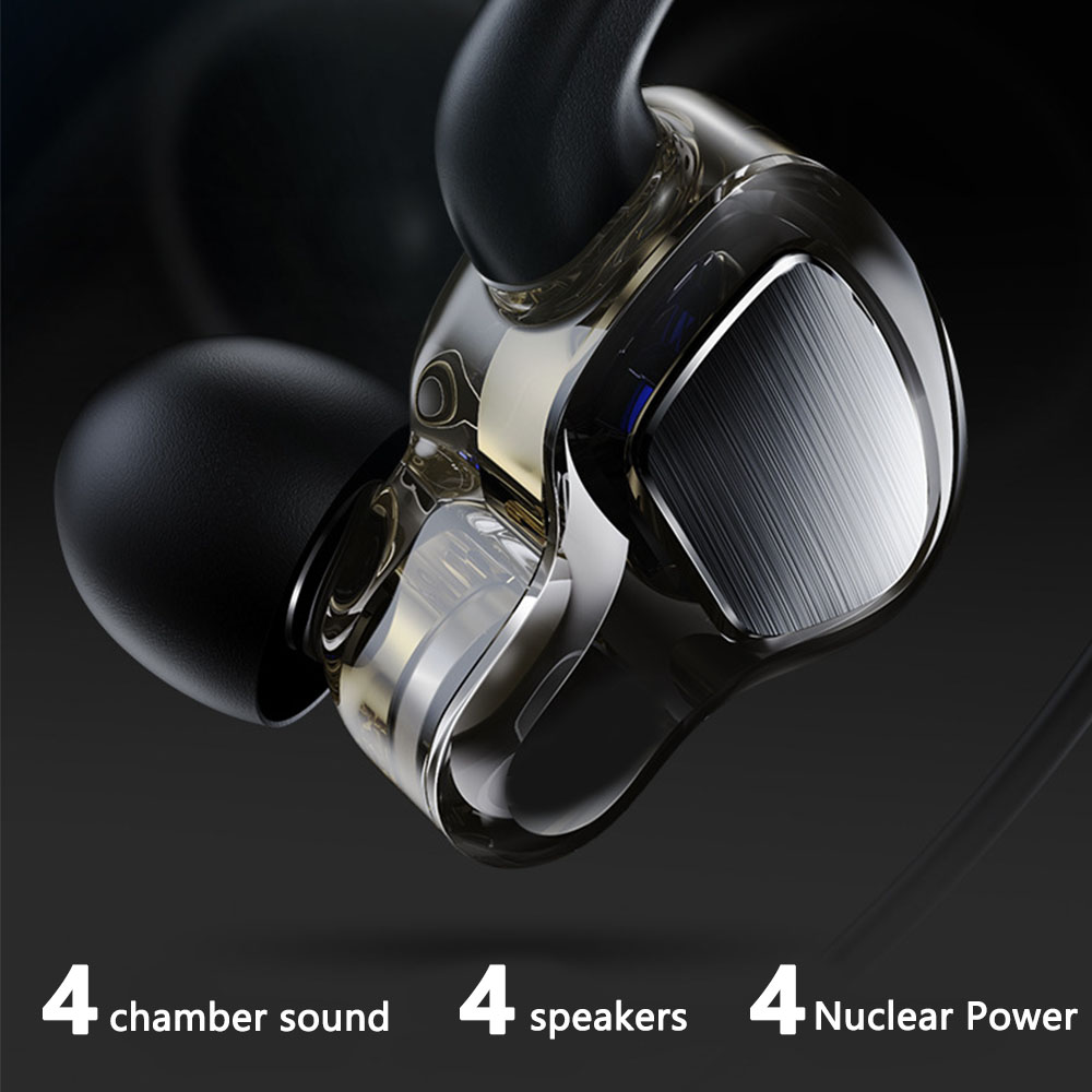 Ohrhörer mit transparentem Gehäuse, das die inneren Komponenten zeigt. Text: 4 Kammer-Sound, 4 Lautsprecher, 4 Atomkraft.