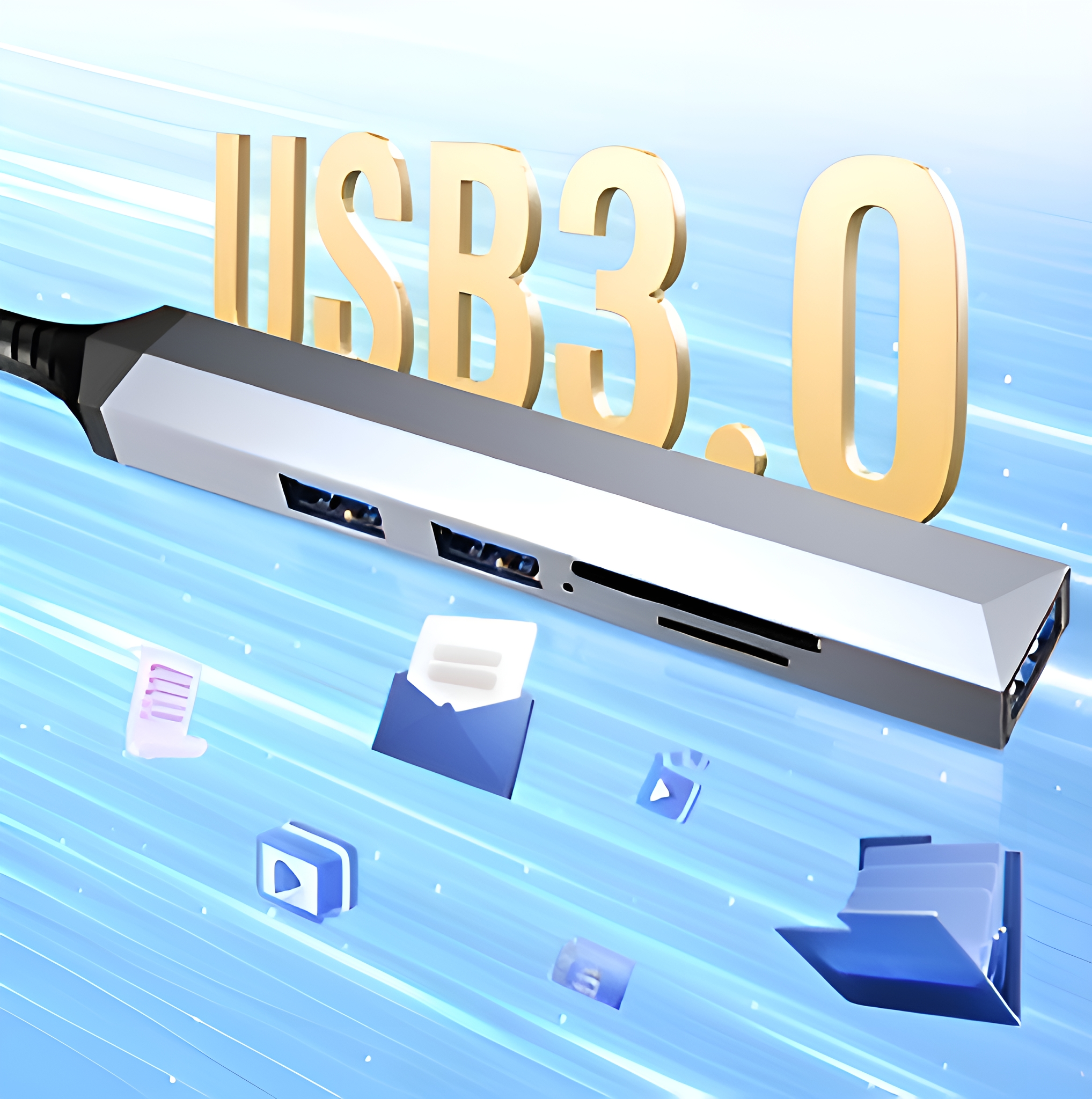 Silberner USB 3.0 Hub mit Symbolen und den Worten USB 3.0 in Gold auf blauem Verlauf.