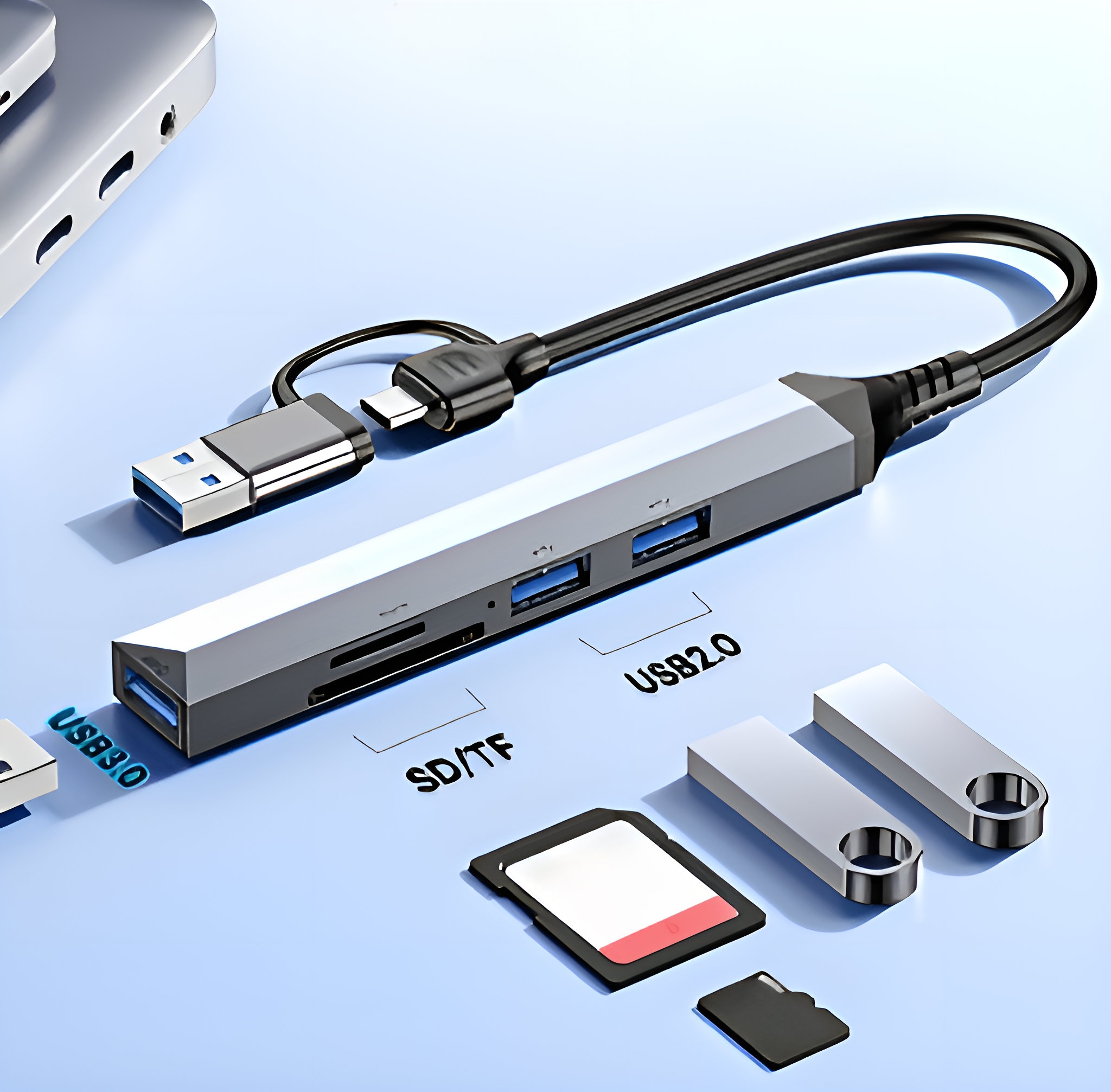 Silberner USB-Hub mit USB 3.0- und 2.0-Anschlüssen, SD/TF-Kartensteckplatz und USB-C-Adapter.