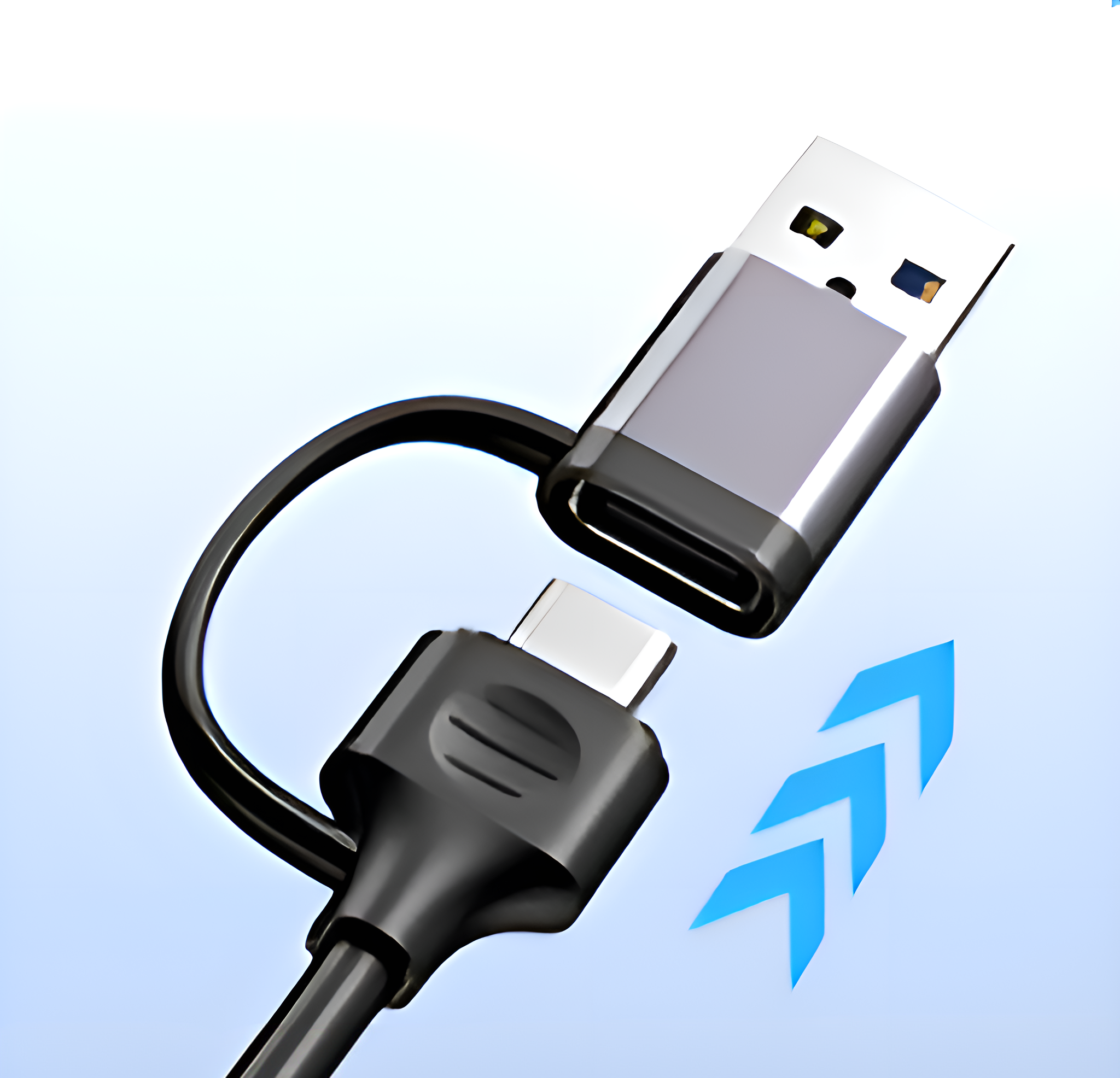 Ein schwarzes USB-C-Kabel mit USB- und USB-C-Anschlüssen. Blaue Pfeile zeigen auf den USB-C-Anschluss.