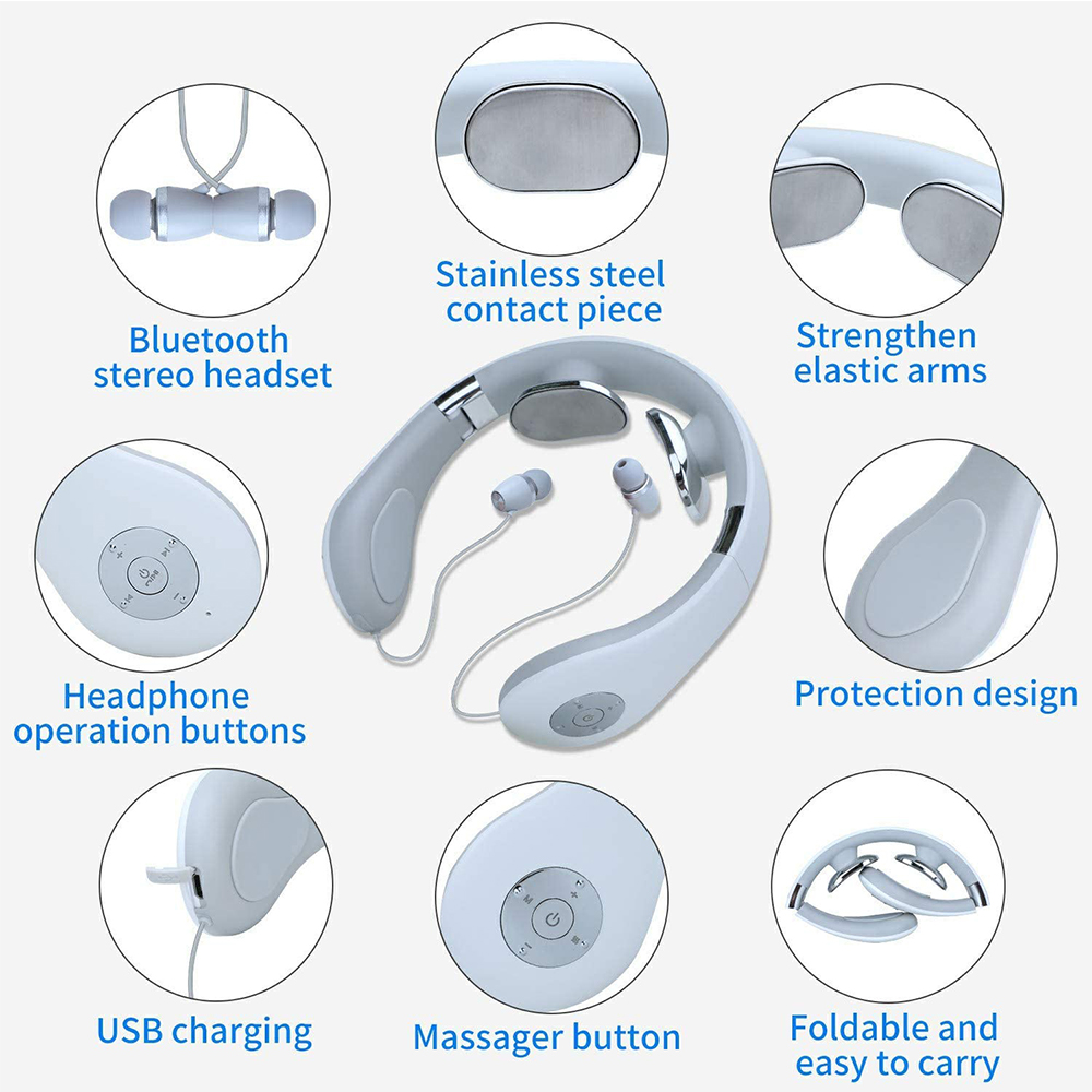 Ein Nackenmassagegerät mit Bluetooth-Headset, Bedientasten, USB-Aufladung und faltbarem Design.