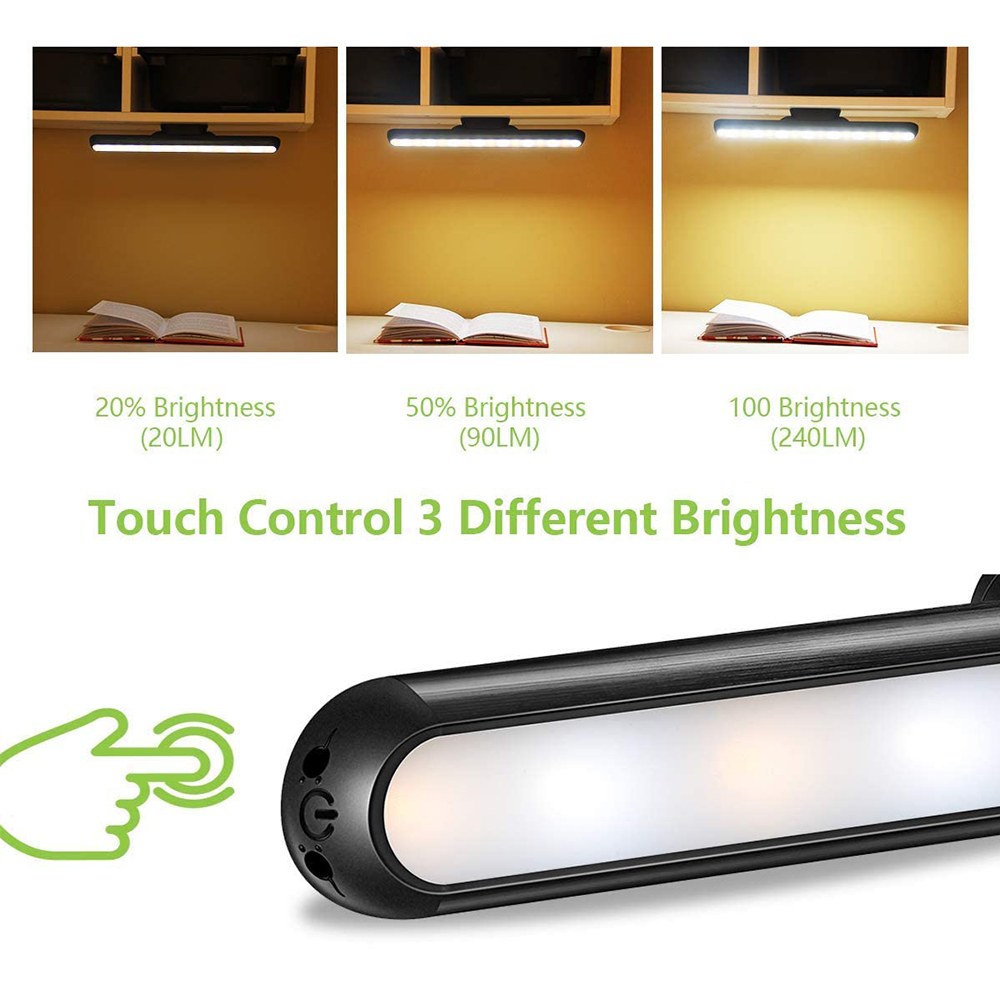 Drei Lichteinstellungen einer Schreibtischlampe und ein Touch-Symbol.