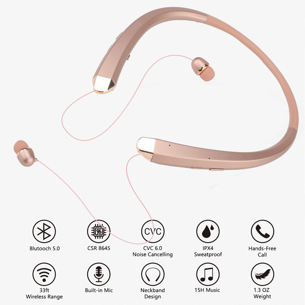 Roségoldenes Nackenband-Kopfhörer mit Ohrstöpseln. Symbole zeigen Funktionen wie Bluetooth, Geräuschunterdrückung und Schweißschutz.