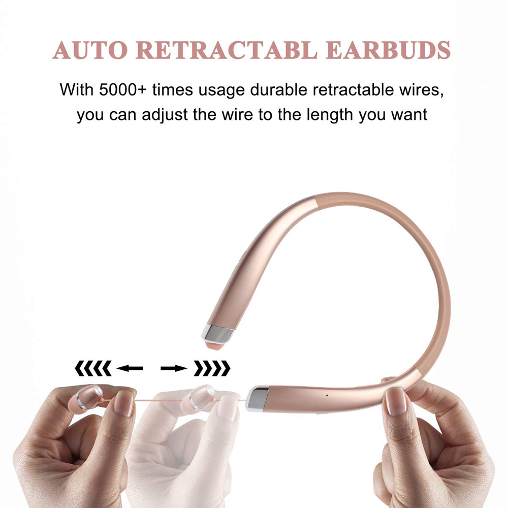 Halsband-Ohrhörer in Roségold mit Text, der automatische einziehbare Funktionen beschreibt.