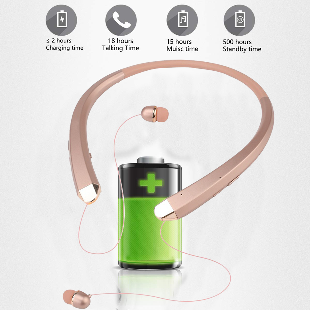 Kabellose Kopfhörer und Ladestation mit Ladedetails. Headset zeigt 2h Laden, 18h Sprechen, 15h Musik, 500h Standby.