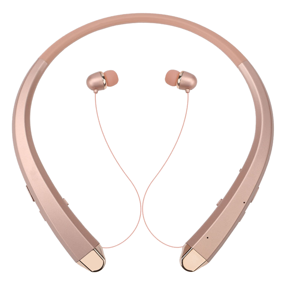 Roségold-Nackenbügel-Kopfhörer mit Ohrhörern, verbunden durch rosa Drähte.
