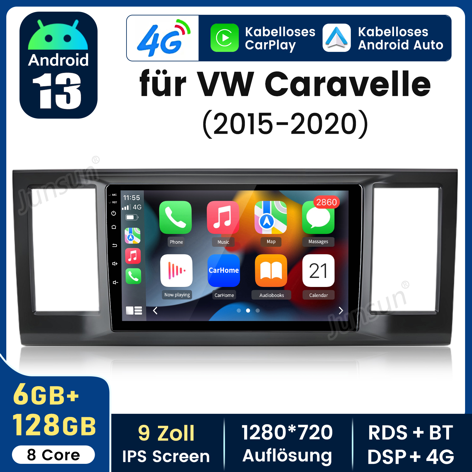 Ein Auto-Armaturenbrett-Bildschirm mit App-Symbolen. Enthält Text: Android 13, 4G, CarPlay, Android Auto, für VW Caravelle.