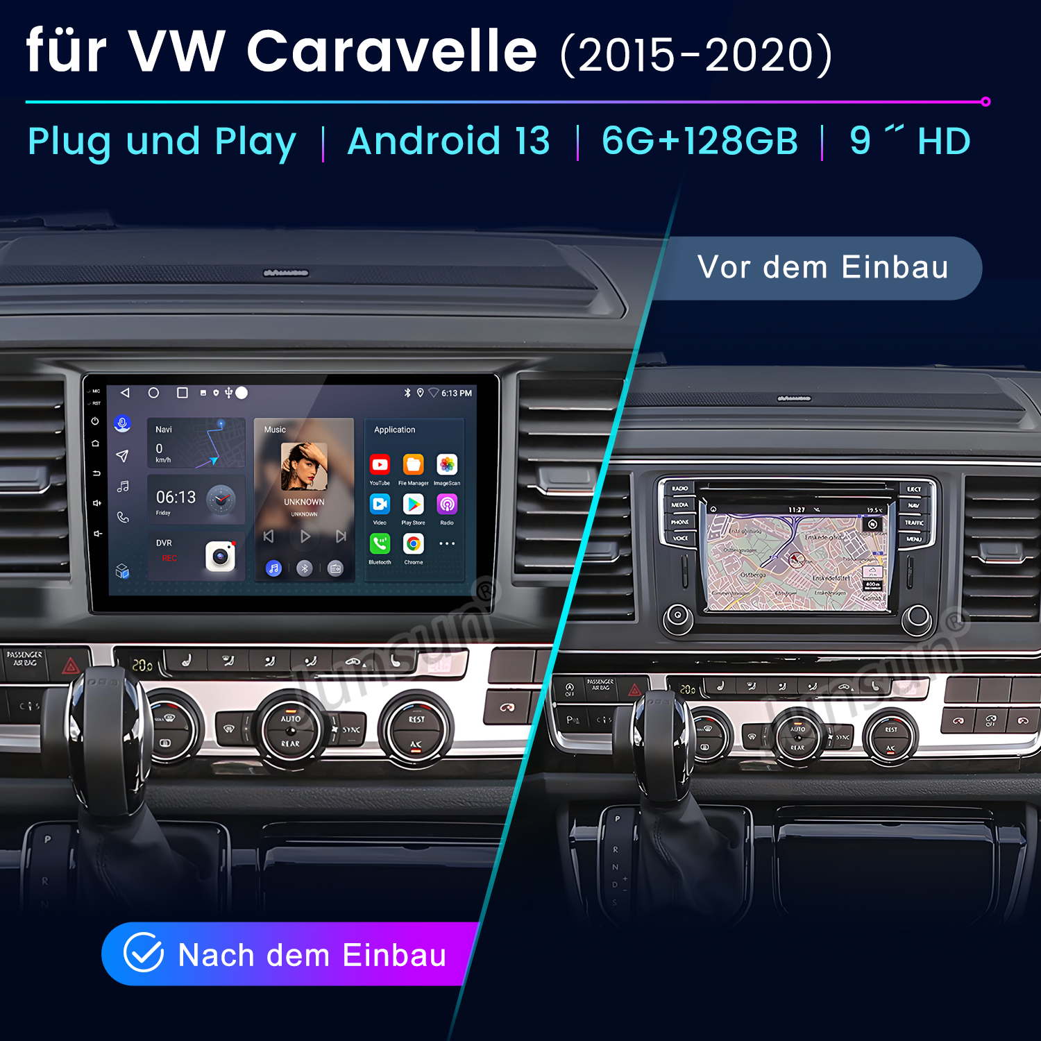 Vergleich des Car-Infotainment-Bildschirms. Ein Bildschirm vor und nach der Installation.