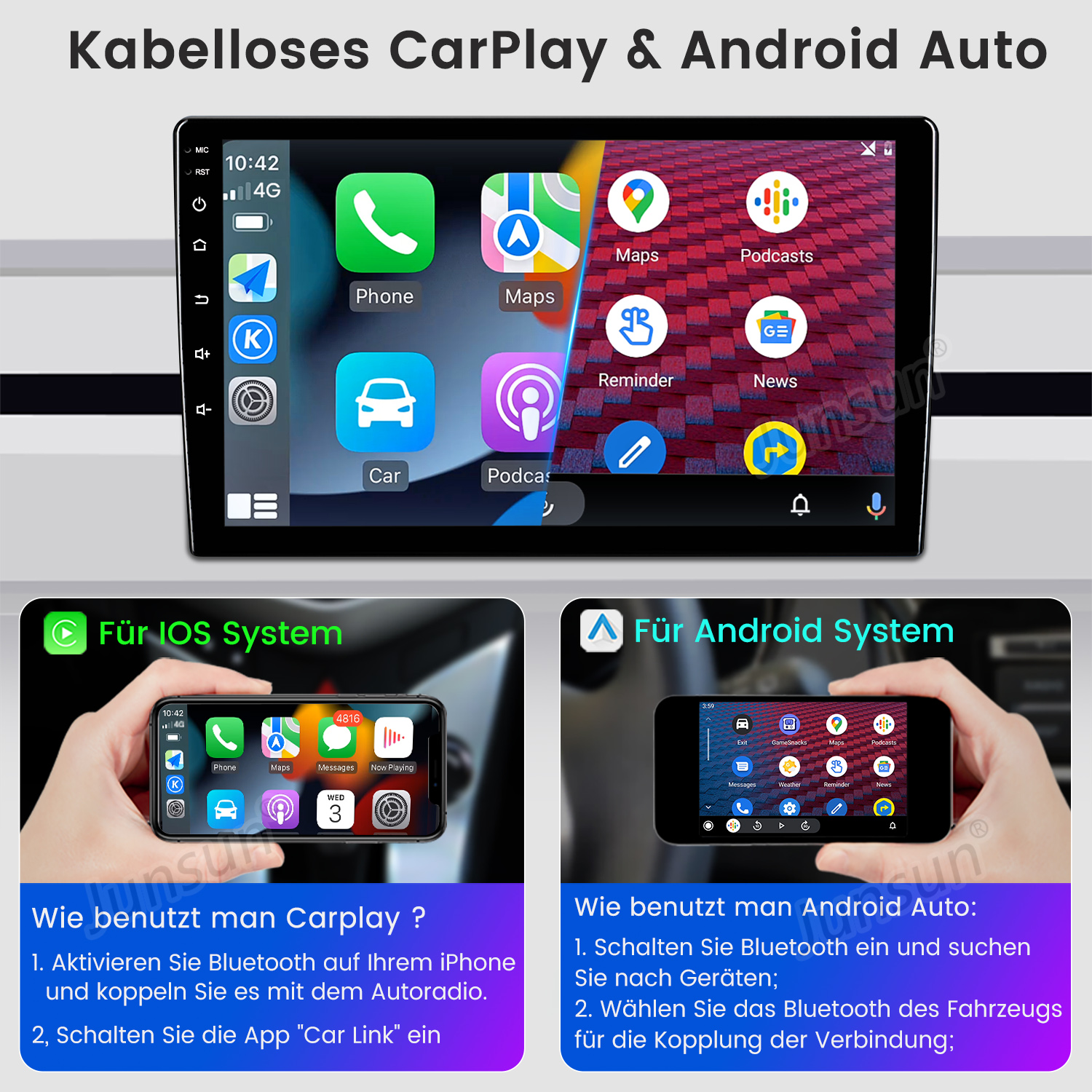 Ein Armaturenbrett mit einem Bildschirm, auf dem Apps angezeigt werden. Darunter Bilder von Telefonen mit Carplay und Android Auto.