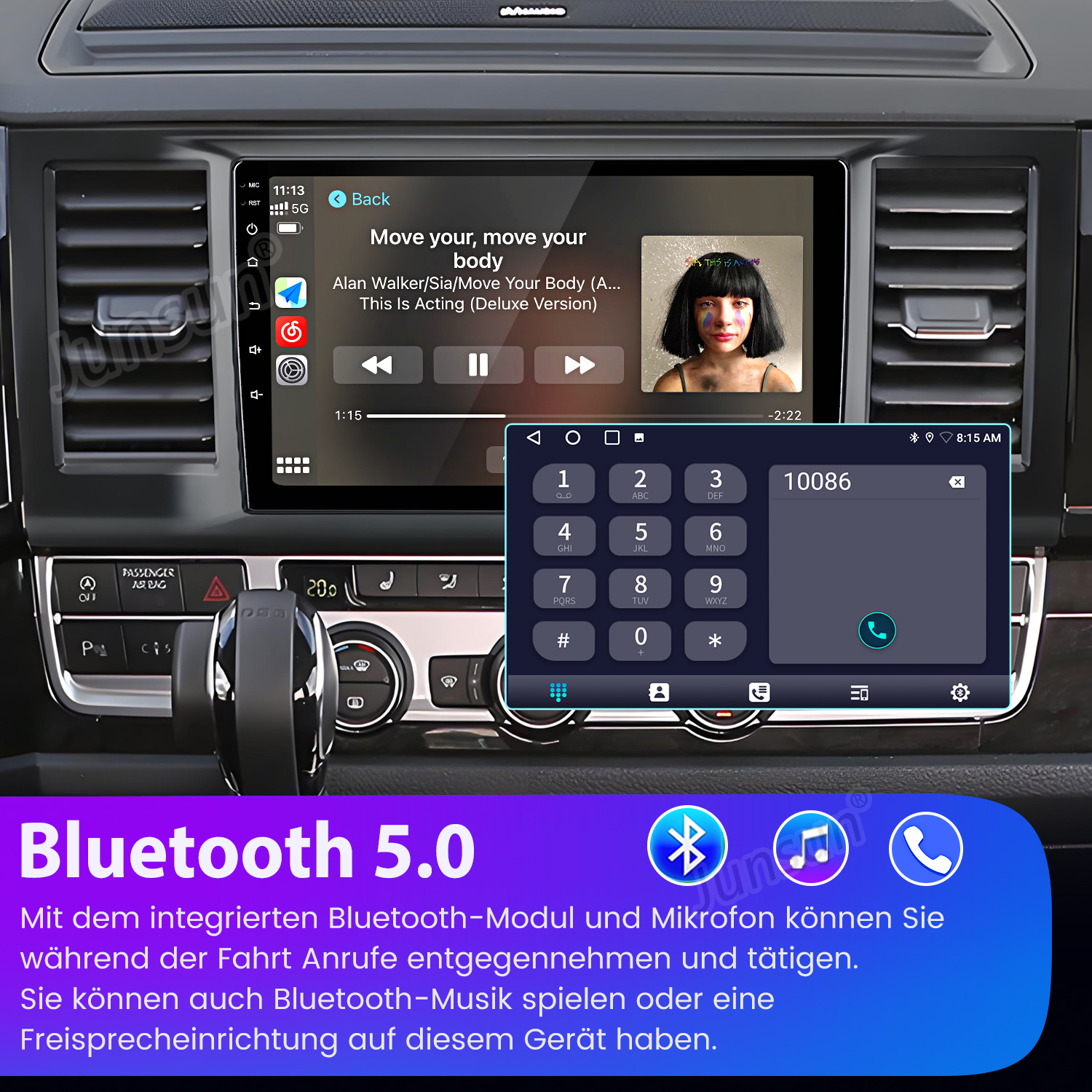 Infotainment-Bildschirm des Autos mit Musik und Telefonwählgerät. Bluetooth 5.0 wird unten beworben.