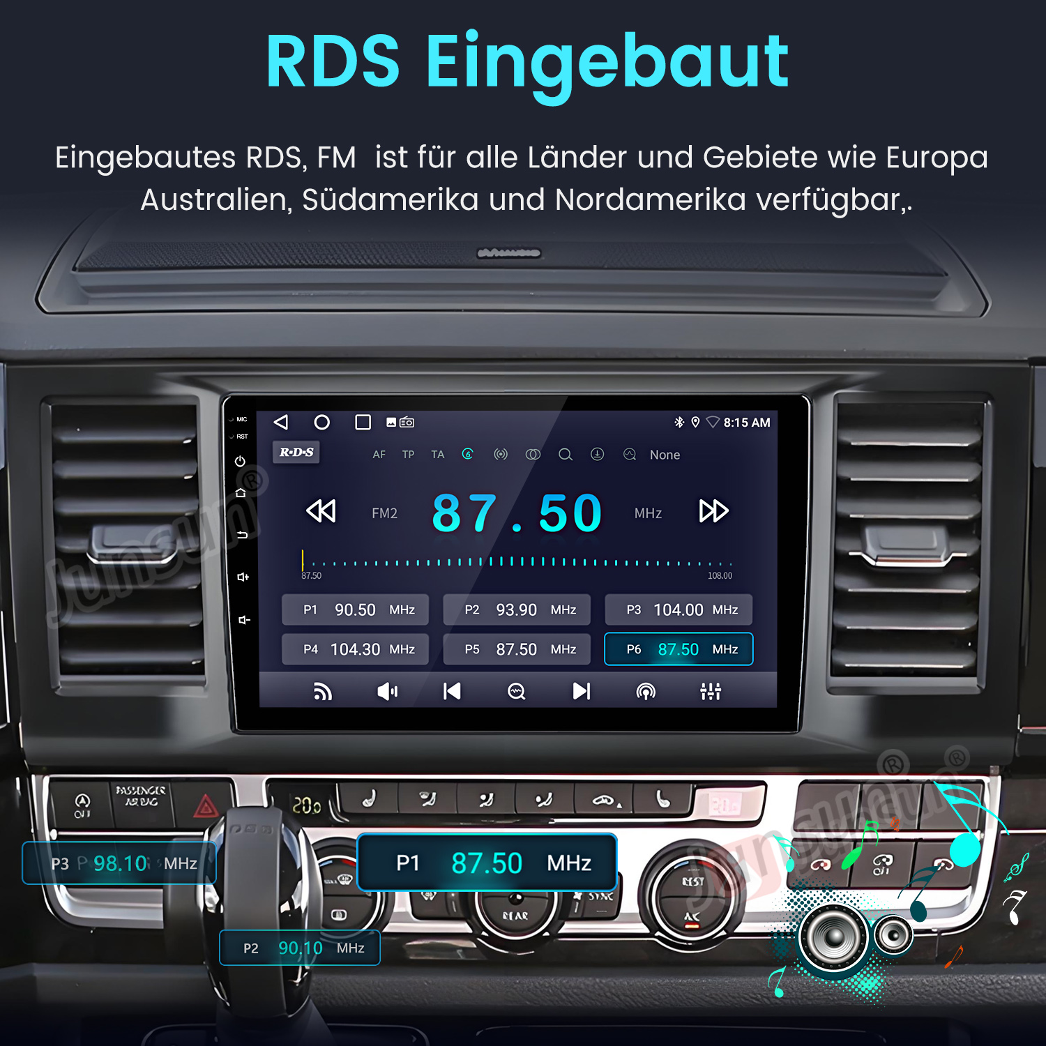 Autoradio mit RDS-Funktion. Zeigt Radiosenderinformationen und Bedienknöpfe im Armaturenbrett.