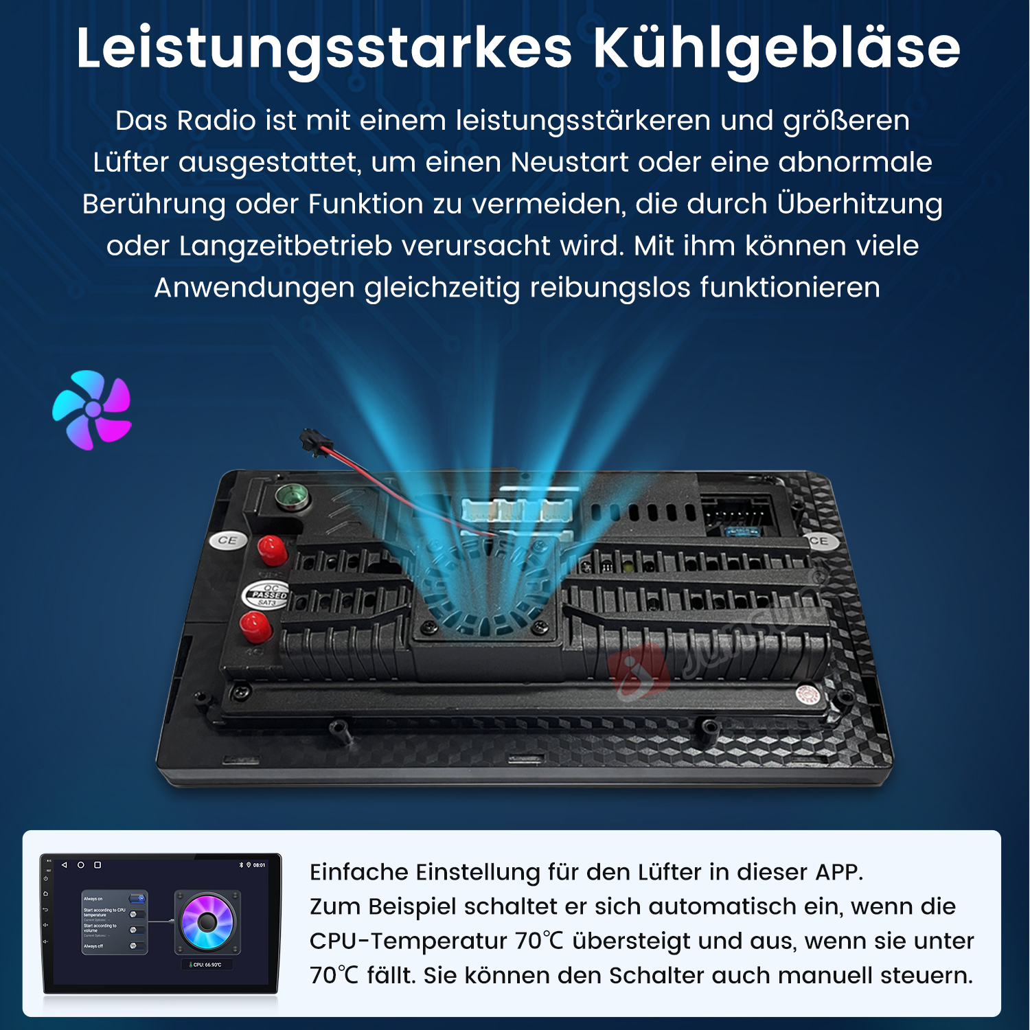 Eine Computerkomponente mit Kühlventilatoren wird gezeigt. Text beschreibt die Kühlleistung.
