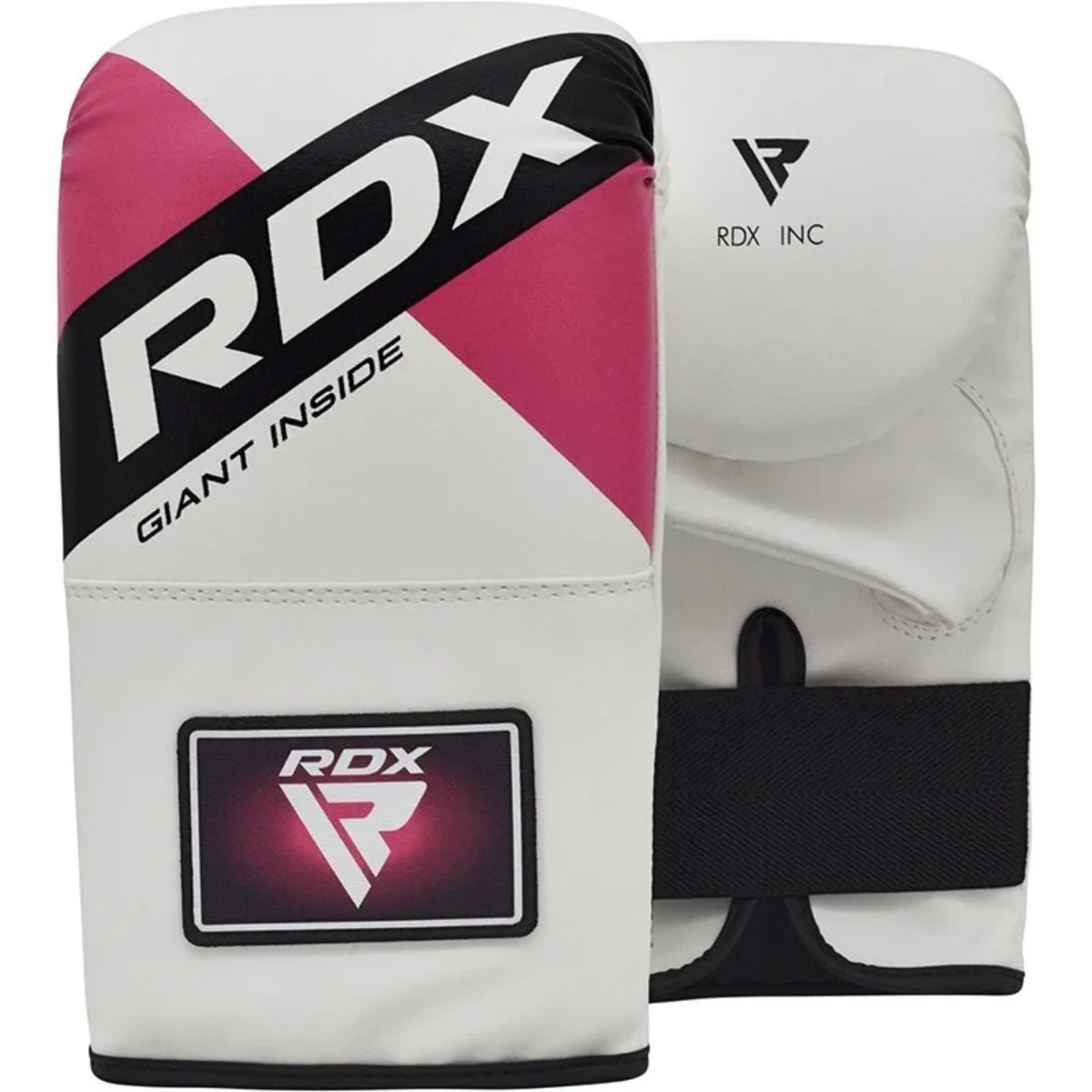 Zwei weiße Boxhandschuhe mit rosa und schwarzem Design und dem RDX-Logo.