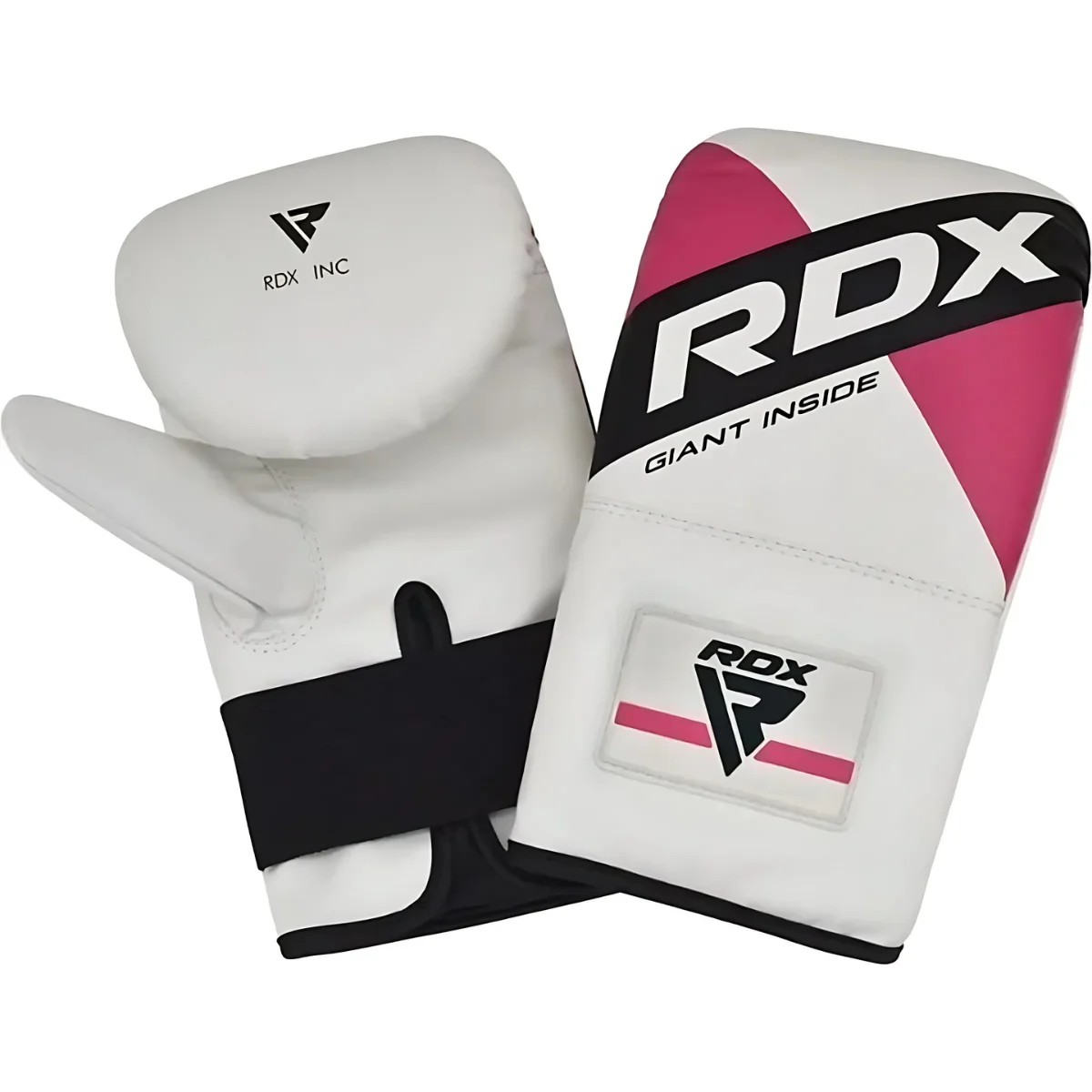 Weiß-rosa Boxhandschuhe mit sichtbarem RDX-Logo. Schwarzer Riemen und Polsterung sind ebenfalls sichtbar.