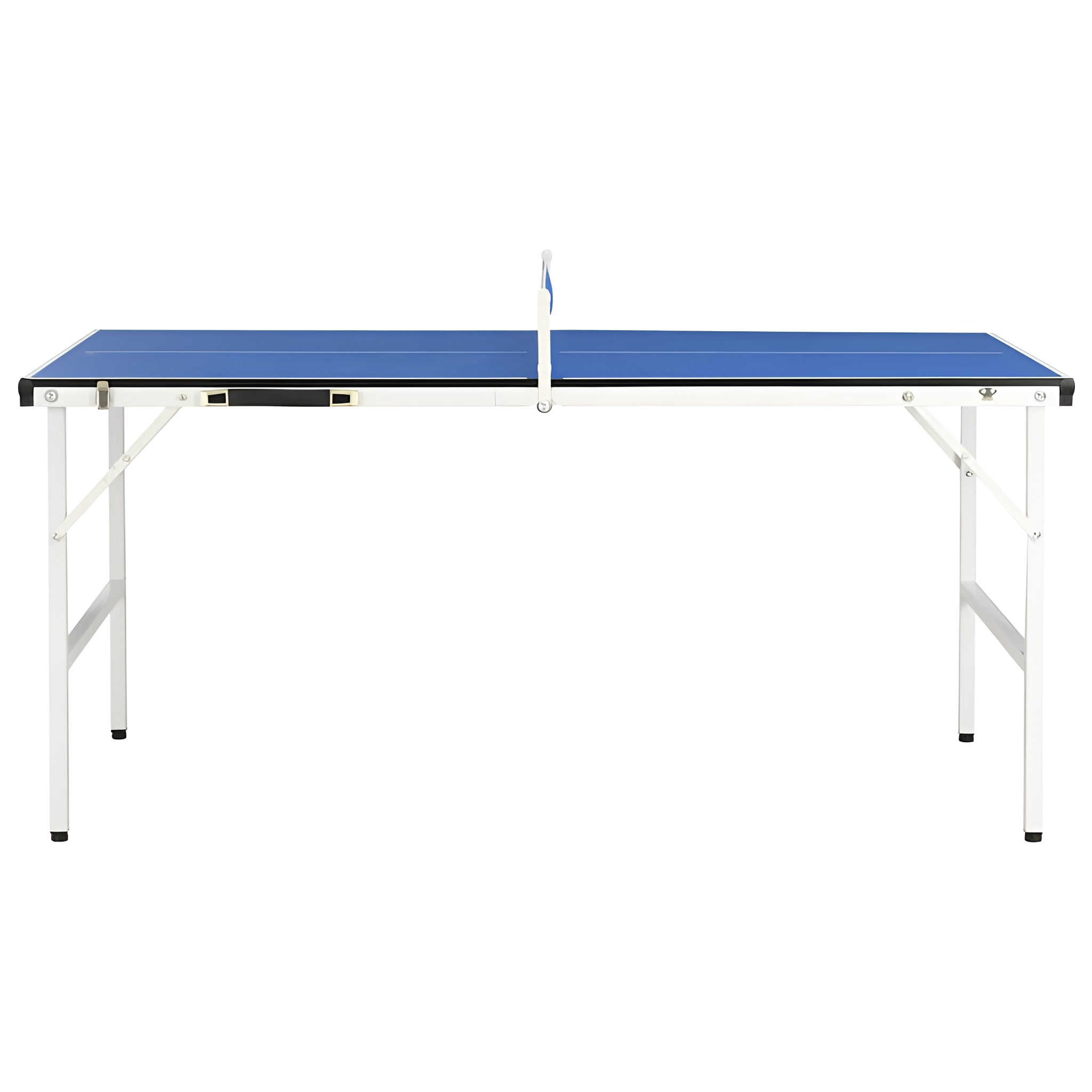 Tischtennisplatte mit blauer Oberfläche und weißen Beinen, mit Netz in der Mitte.