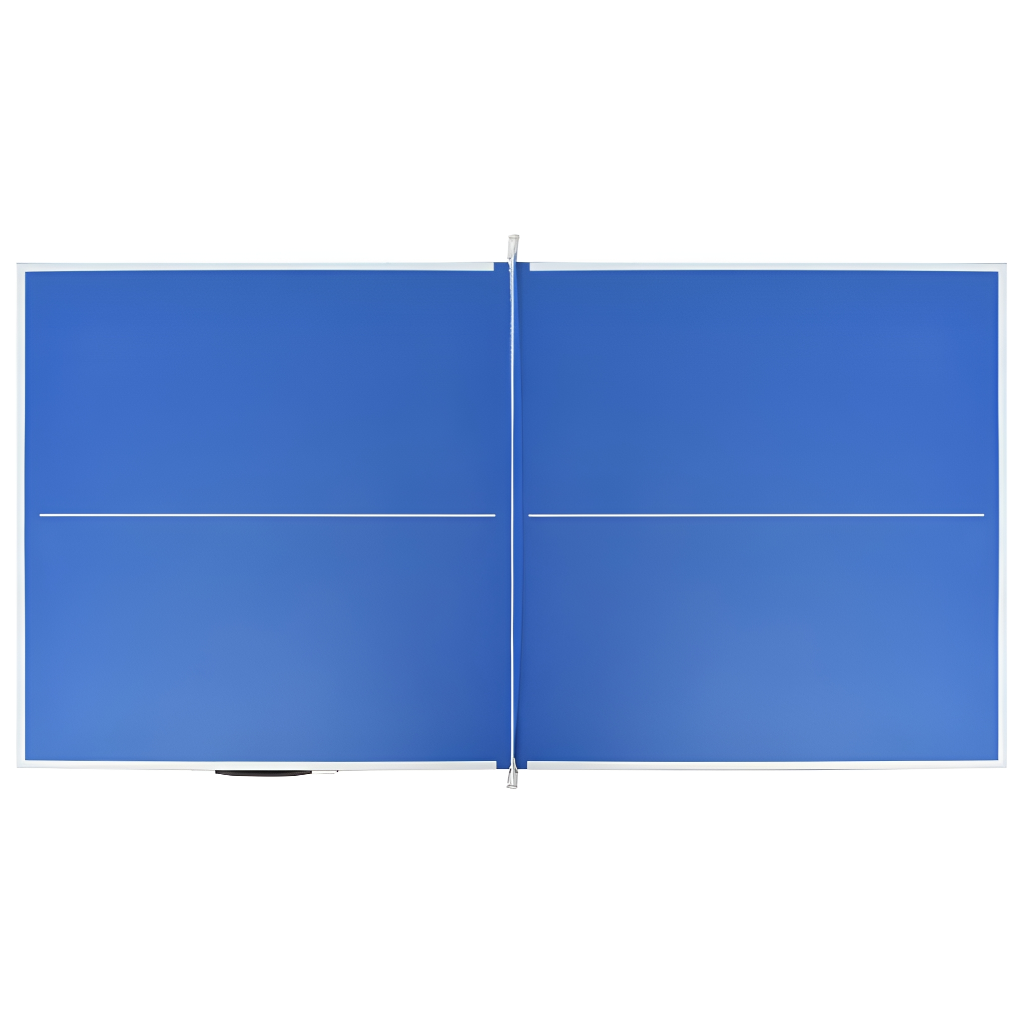 Draufsicht auf eine blaue Tischtennisplatte mit weißem Netz und einem schwarzen Objekt an der Seite.