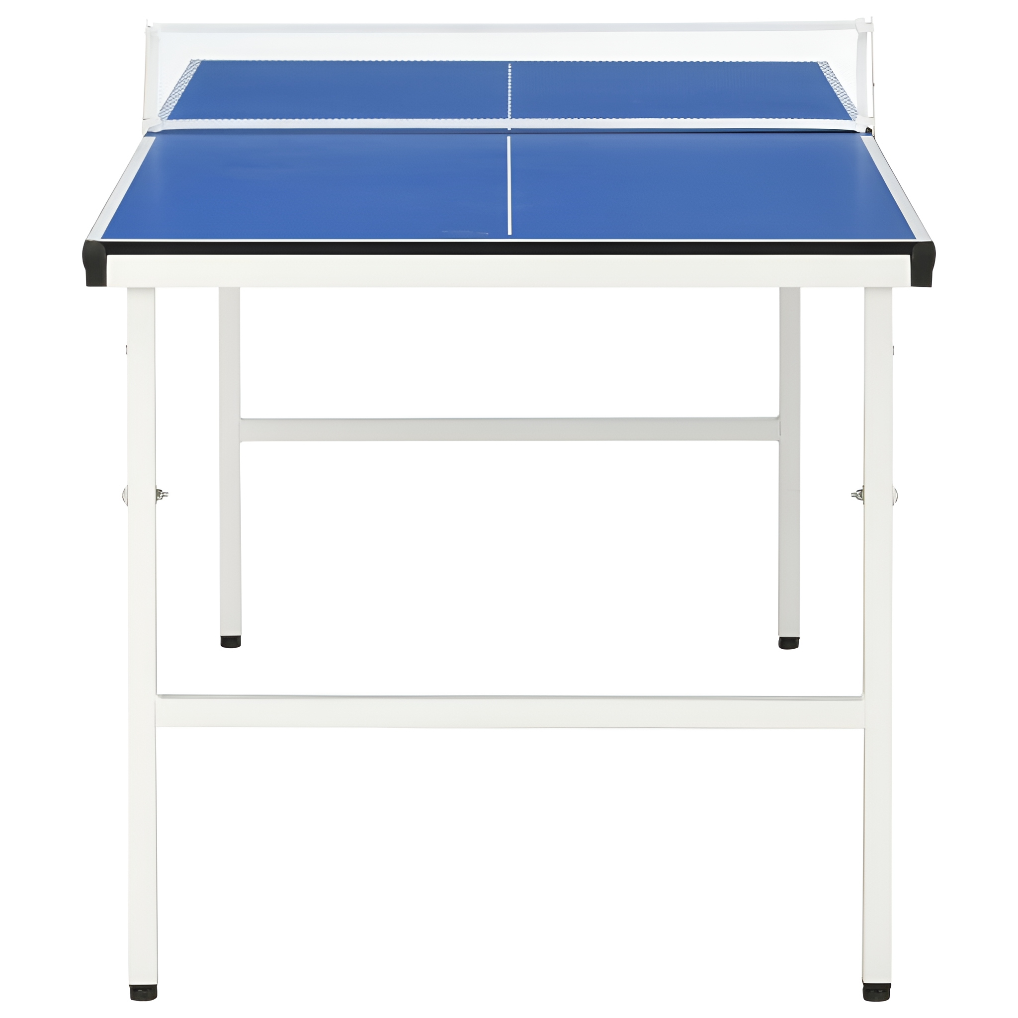 Blauer Tischtennistisch mit weißem Netz und weißem Metallrahmen.