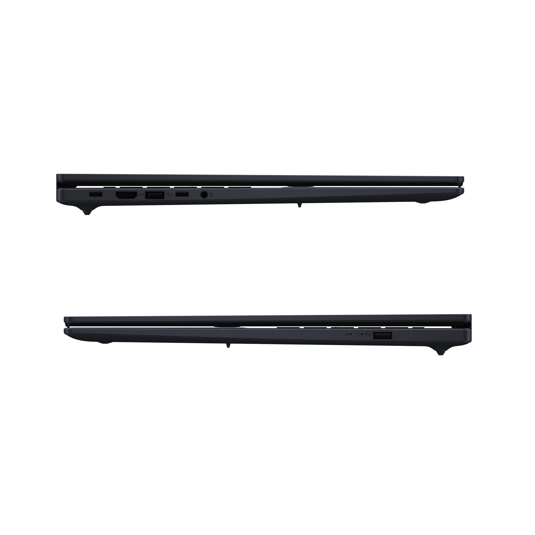Zwei Seitenansichten eines schwarzen Laptops. Zeigt Anschlüsse und ein schlankes Design.