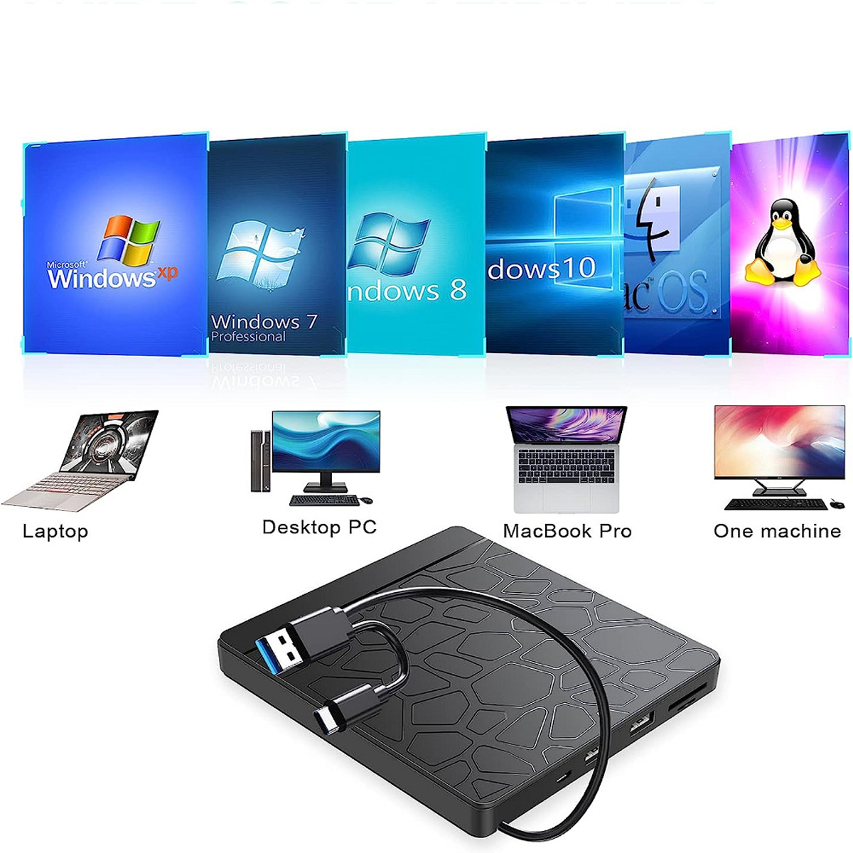 Eine Reihe von Betriebssystem-Boxen und eine schwarze externe Festplatte mit USB-Kabel.