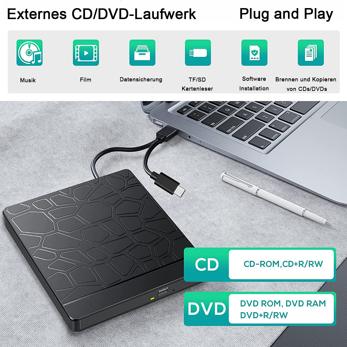 Externes CD/DVD-Laufwerk mit Laptop verbunden. Symbole zeigen CD, DVD, Datensicherung und Software-Installation.
