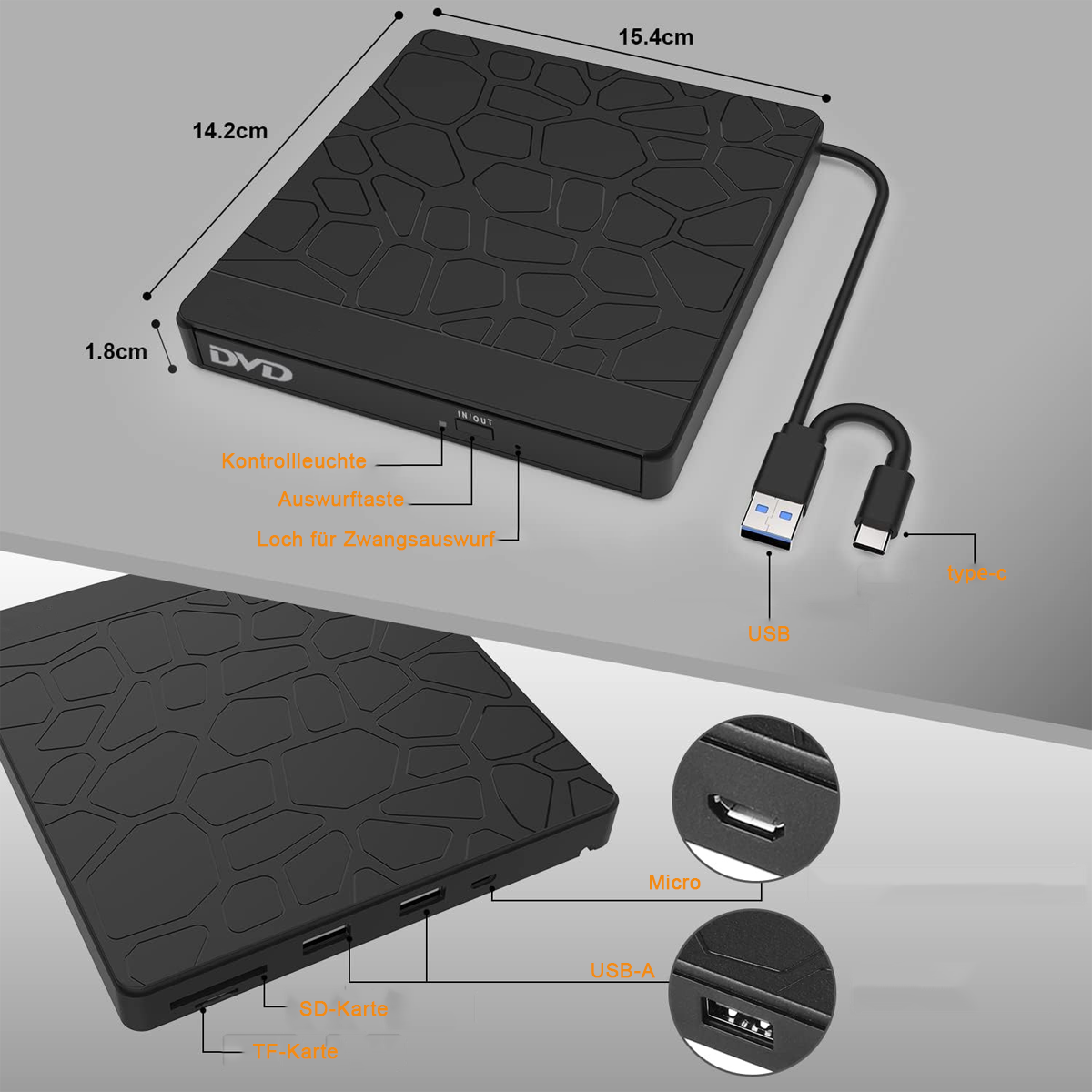 Schwarzes externes DVD-Laufwerk, mit USB- und USB-C-Anschlüssen. Zeigt Abmessungen und Anschlüsse.