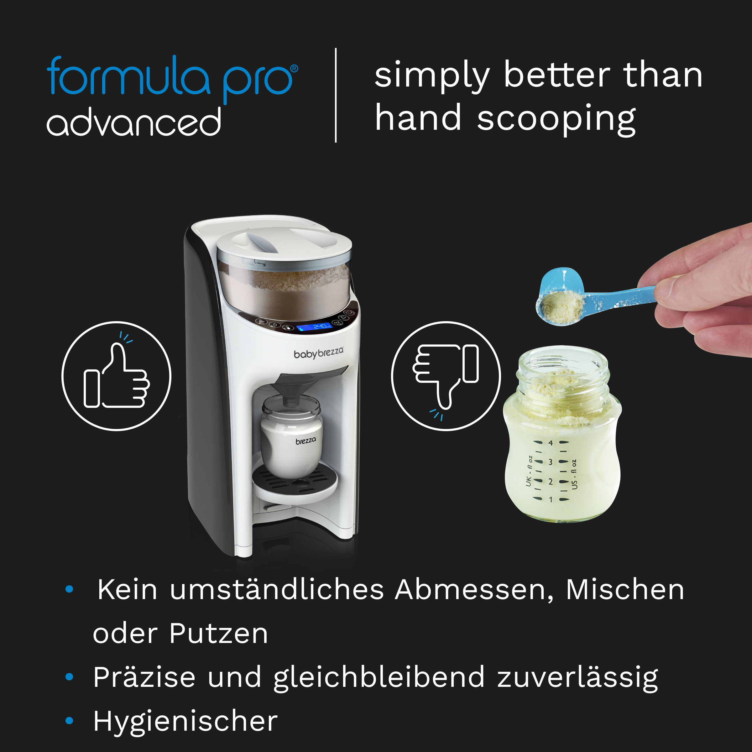 Baby Brezza Formula Pro Advanced mit Milchpulver und Messlöffel.