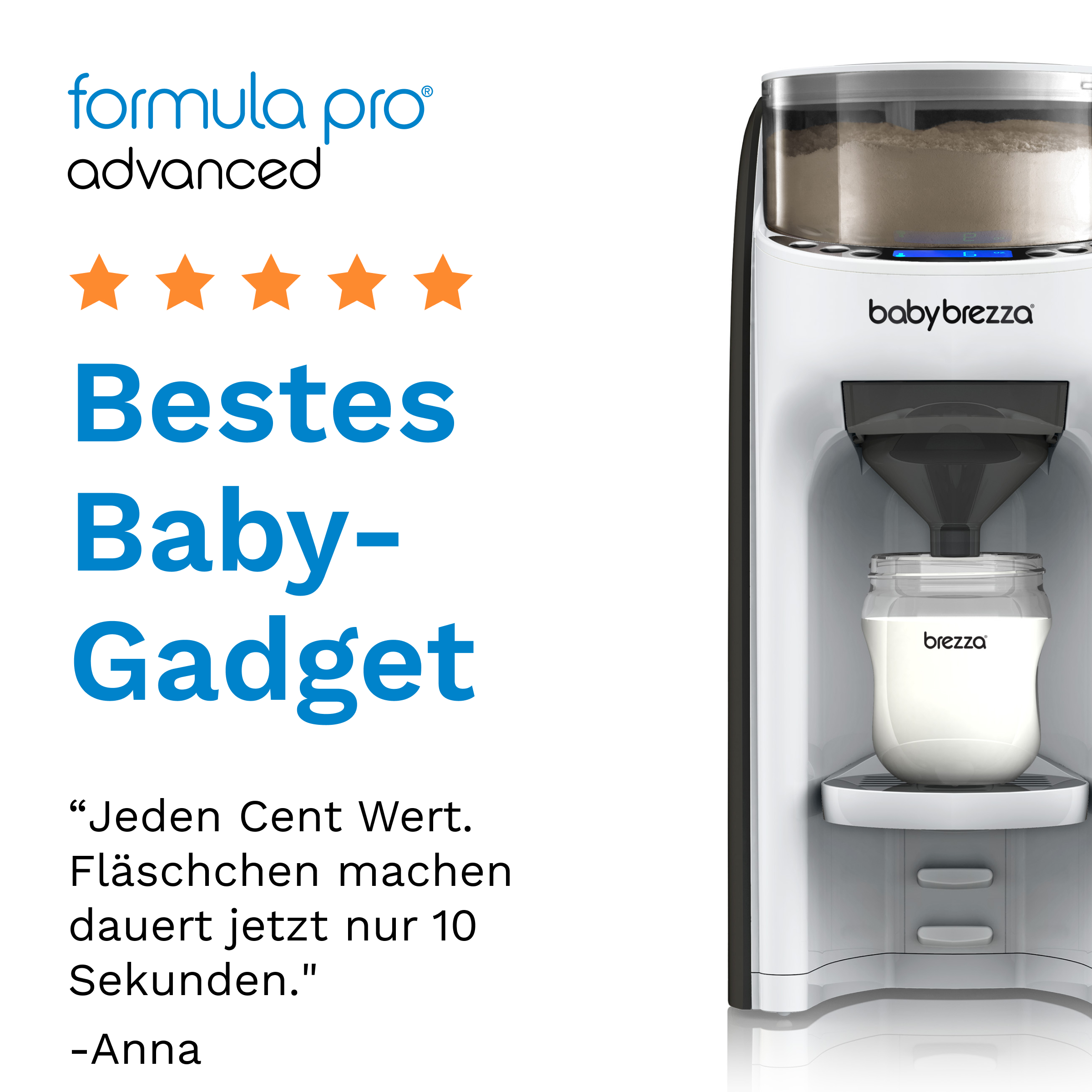 Baby Brezza Formelhersteller mit einer Flasche Formel. Text sagt: 'Bestes Baby-Gadget'.