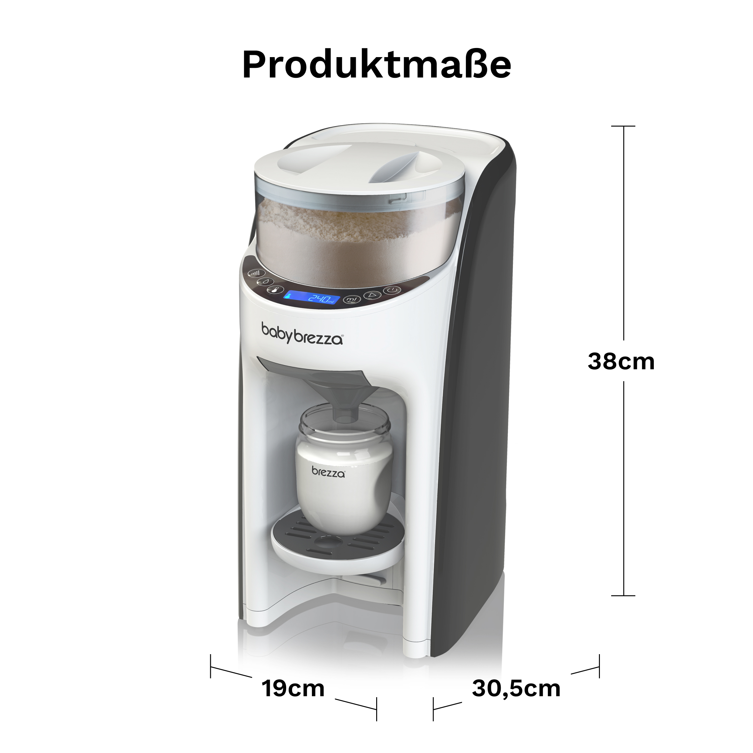 Baby Brezza Maschine, weiß und schwarz, Abmessungen beschriftet. Unter dem Spender befindet sich eine Flasche.