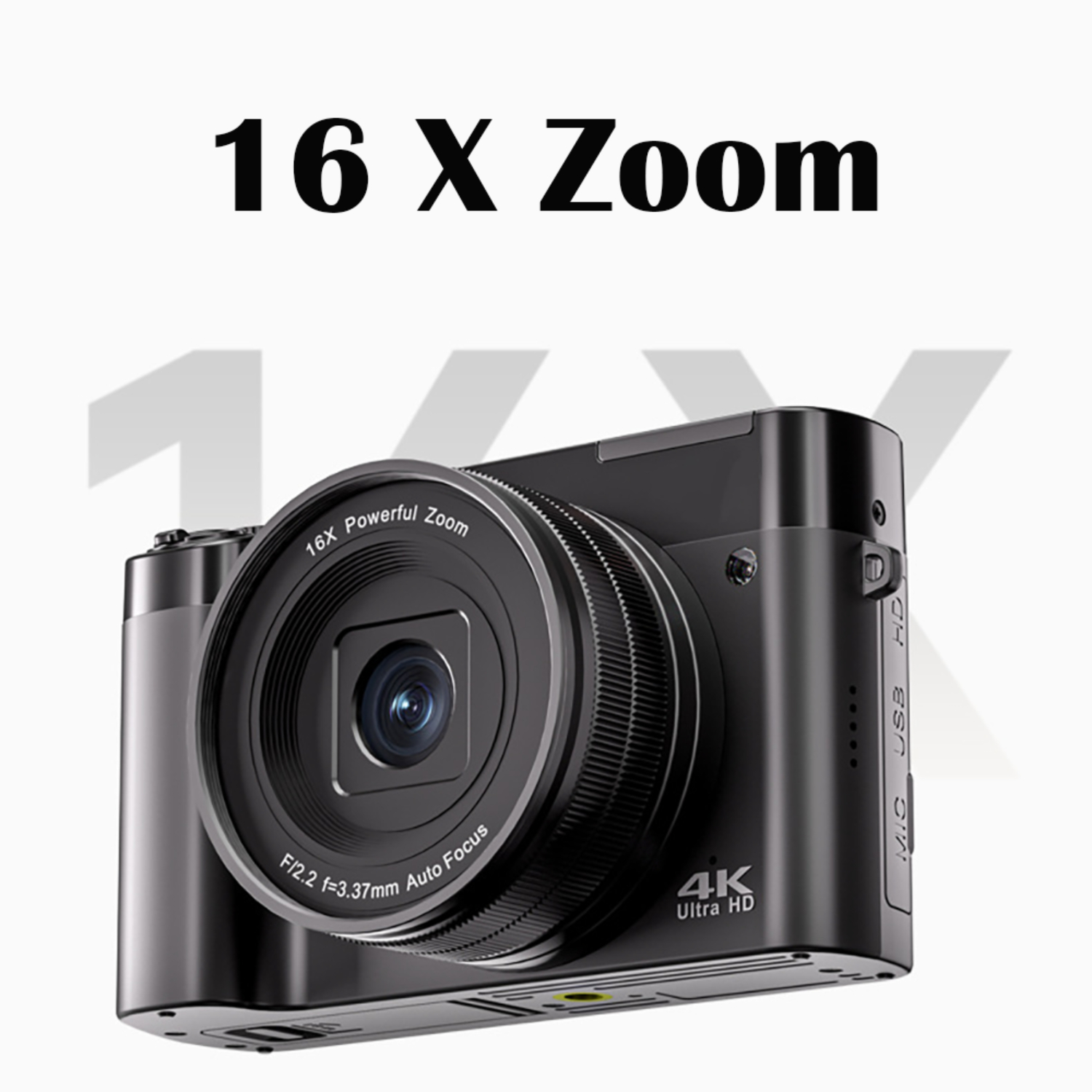 Schwarze Kamera mit großem Objektiv. Text zeigt 16X Zoom und 4K Ultra HD.