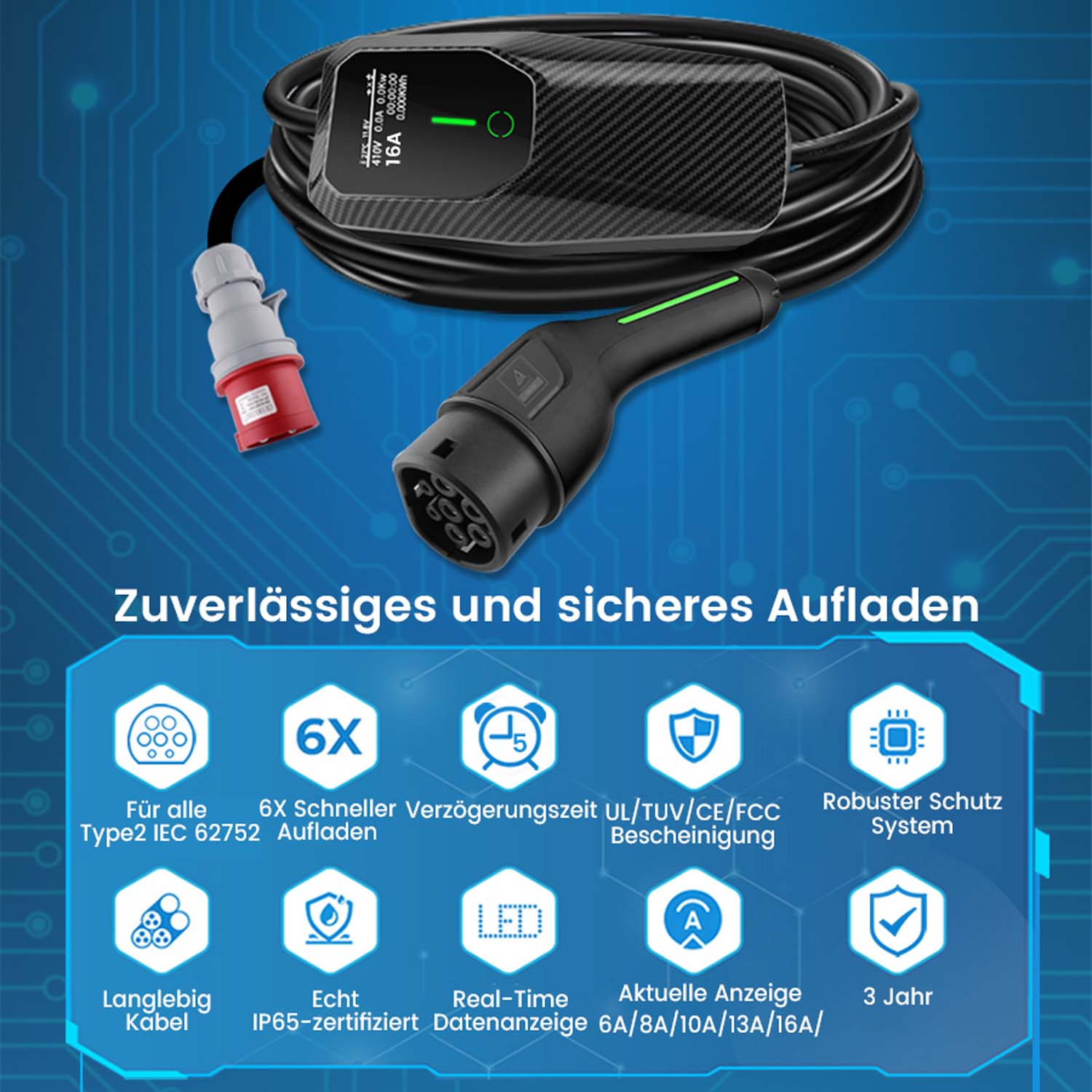 Kabel do ładowania pojazdów elektrycznych z funkcjami bezpieczeństwa. Czarny i szary.
