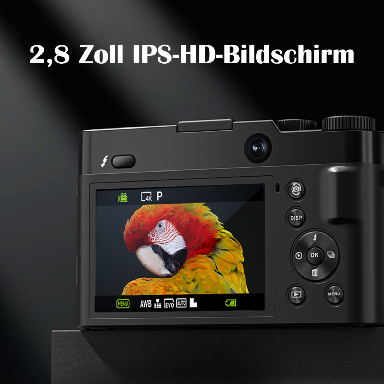 Eine schwarze Kamera, die einen Bildschirm mit einem Papageienbild zeigt. Der Bildschirm zeigt Einstellungsoptionen.