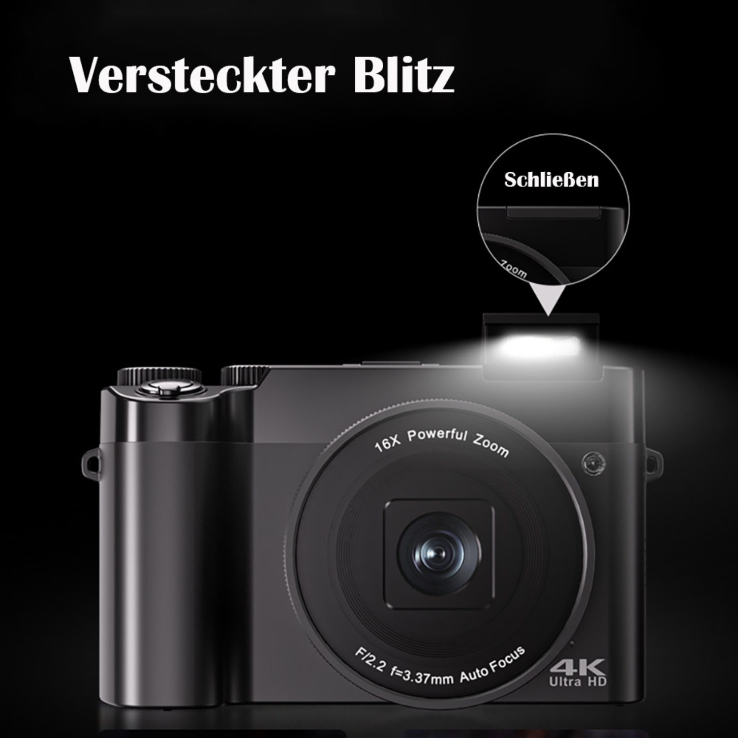 Schwarze Kamera mit Blitz und Zoom. Text ist sichtbar.