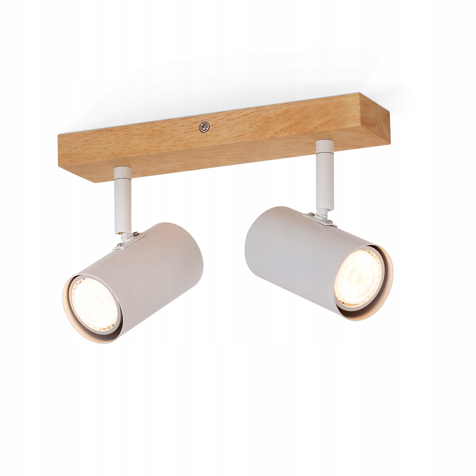 Trave in legno con due faretti bianchi, su sfondo bianco.