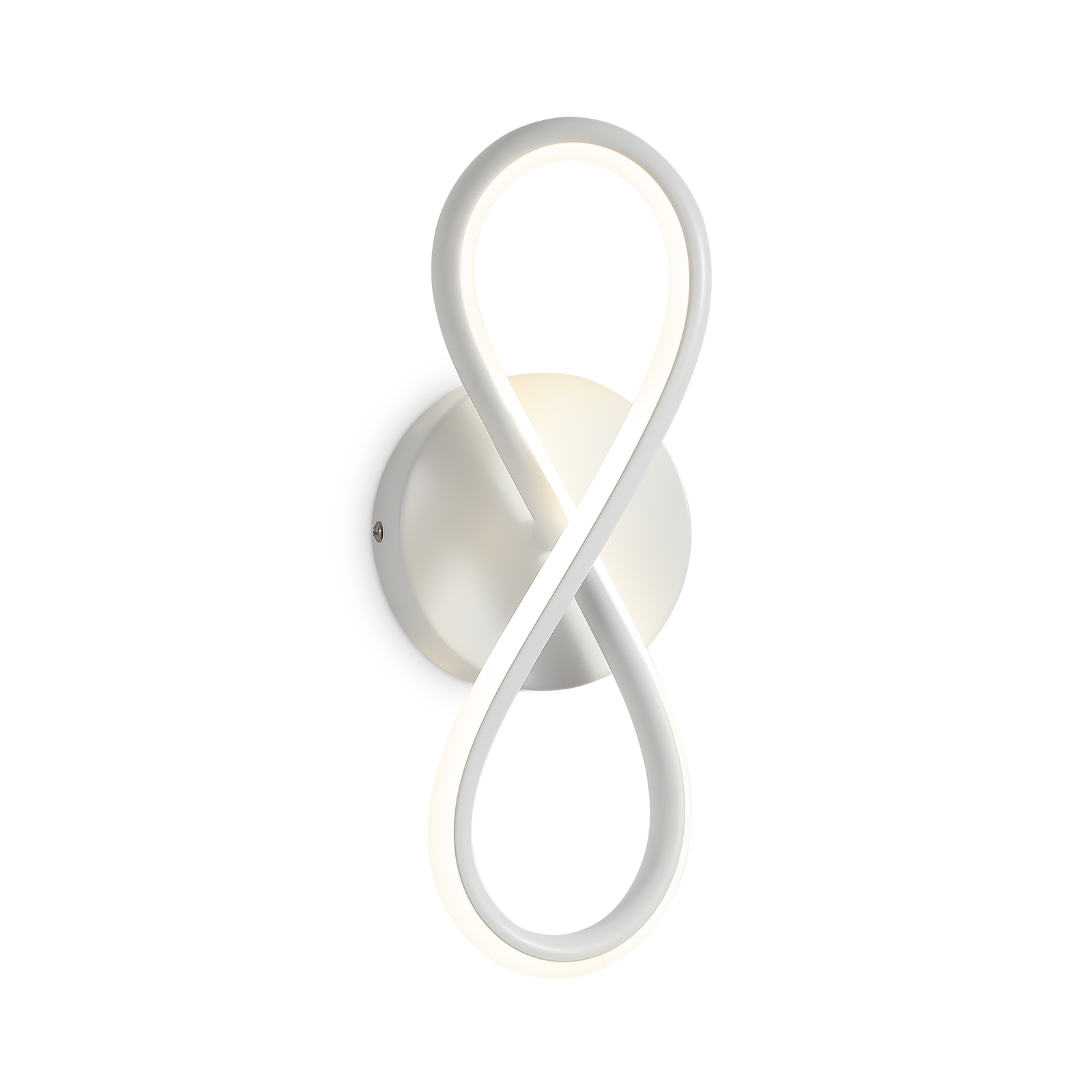 Una lampada da parete bianca a forma di simbolo dell'infinito, illuminata.