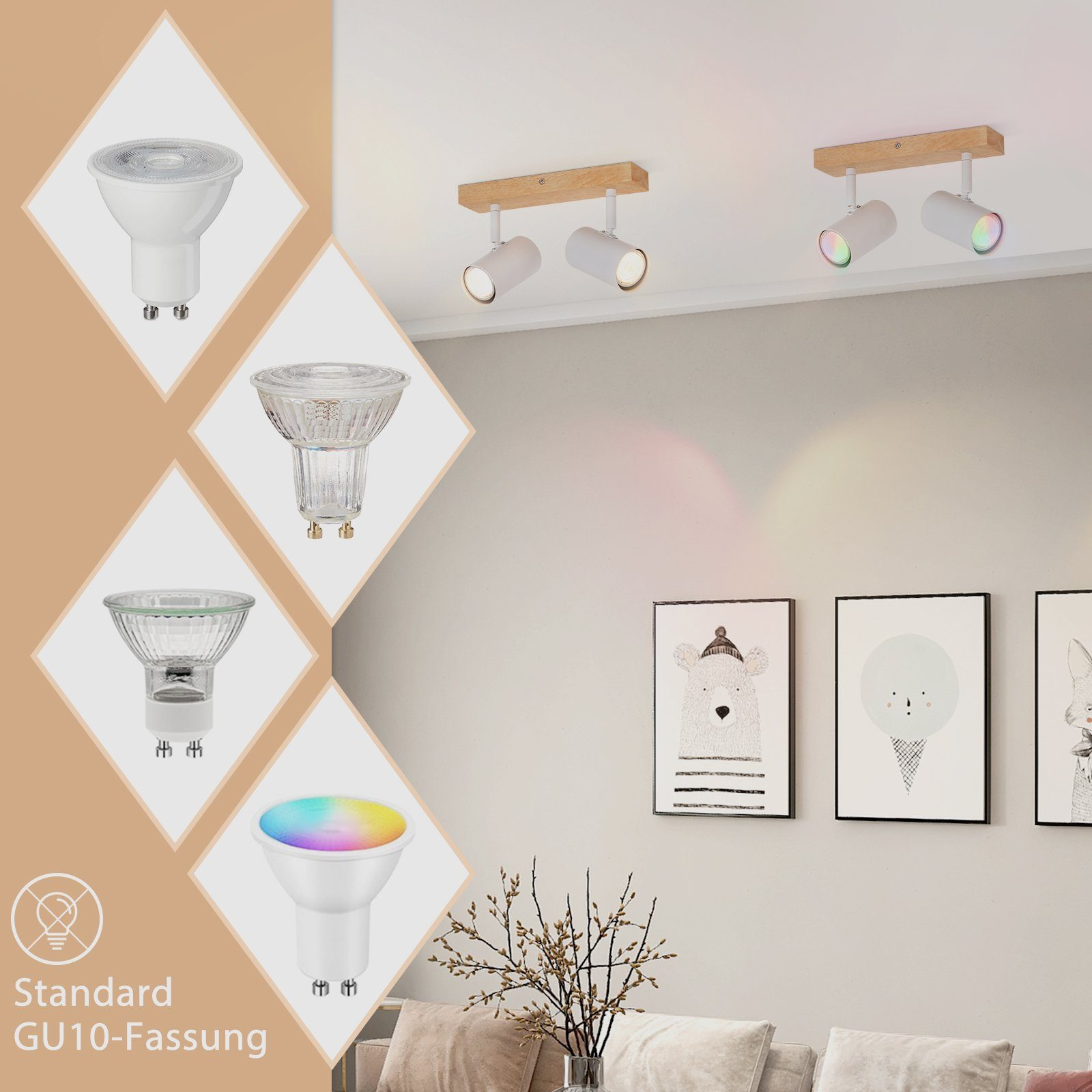Varie opzioni di lampadine GU10, più un apparecchio di illuminazione con due faretti. Lo sfondo è una parete chiara.