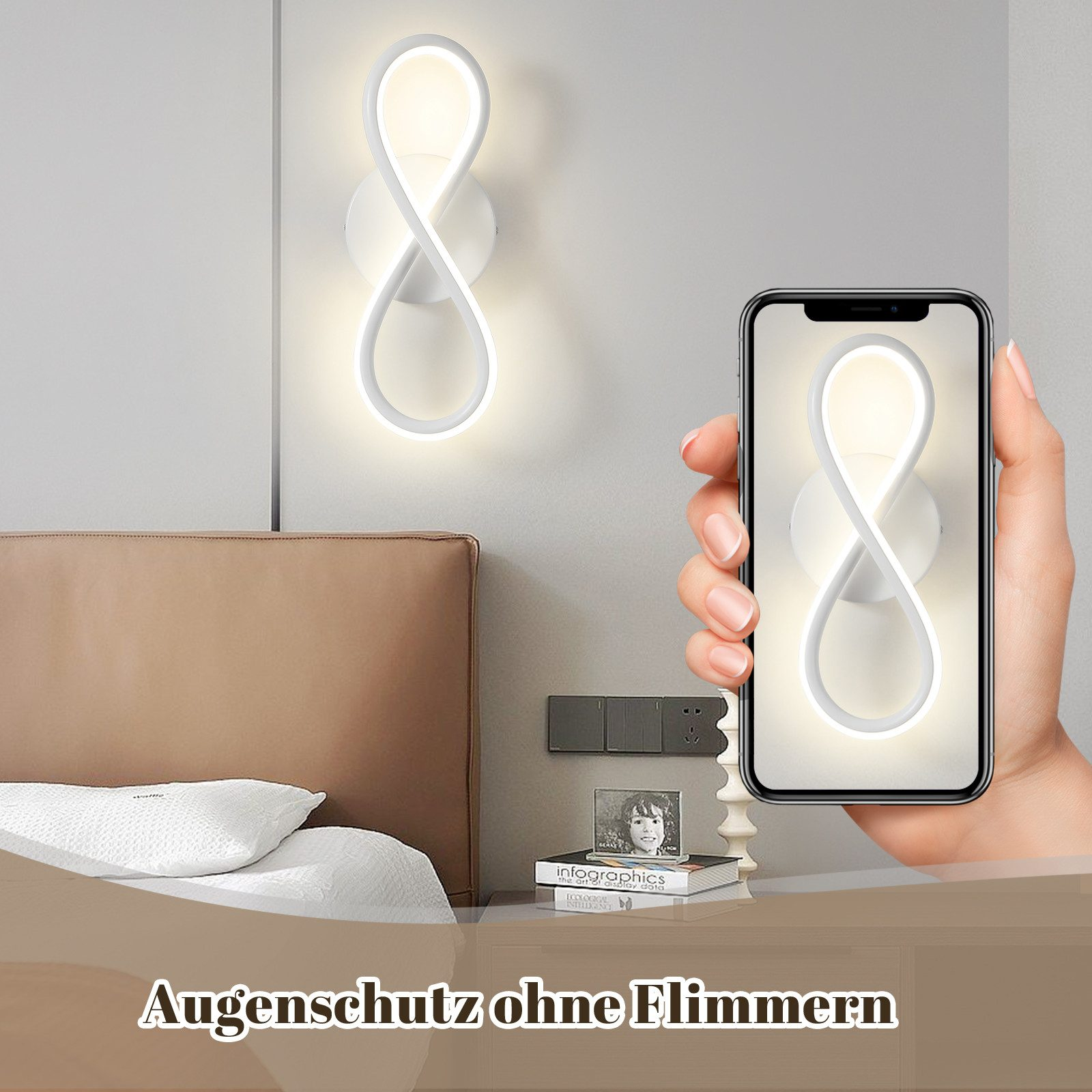 Lampada da parete bianca a forma di simbolo dell'infinito. Una persona tiene in mano un telefono con la stessa lampada.