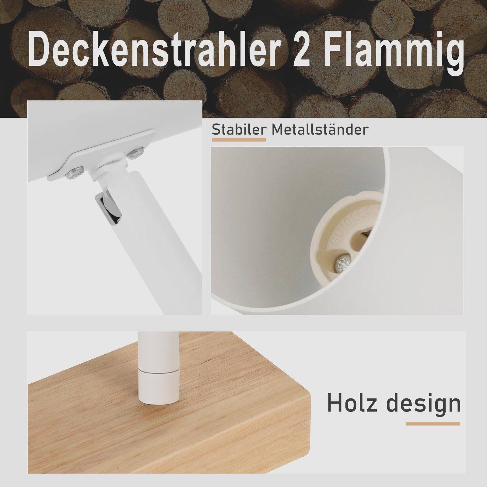 Primo piano di una lampada da soffitto bianca con base in legno, che mostra i componenti e il design.