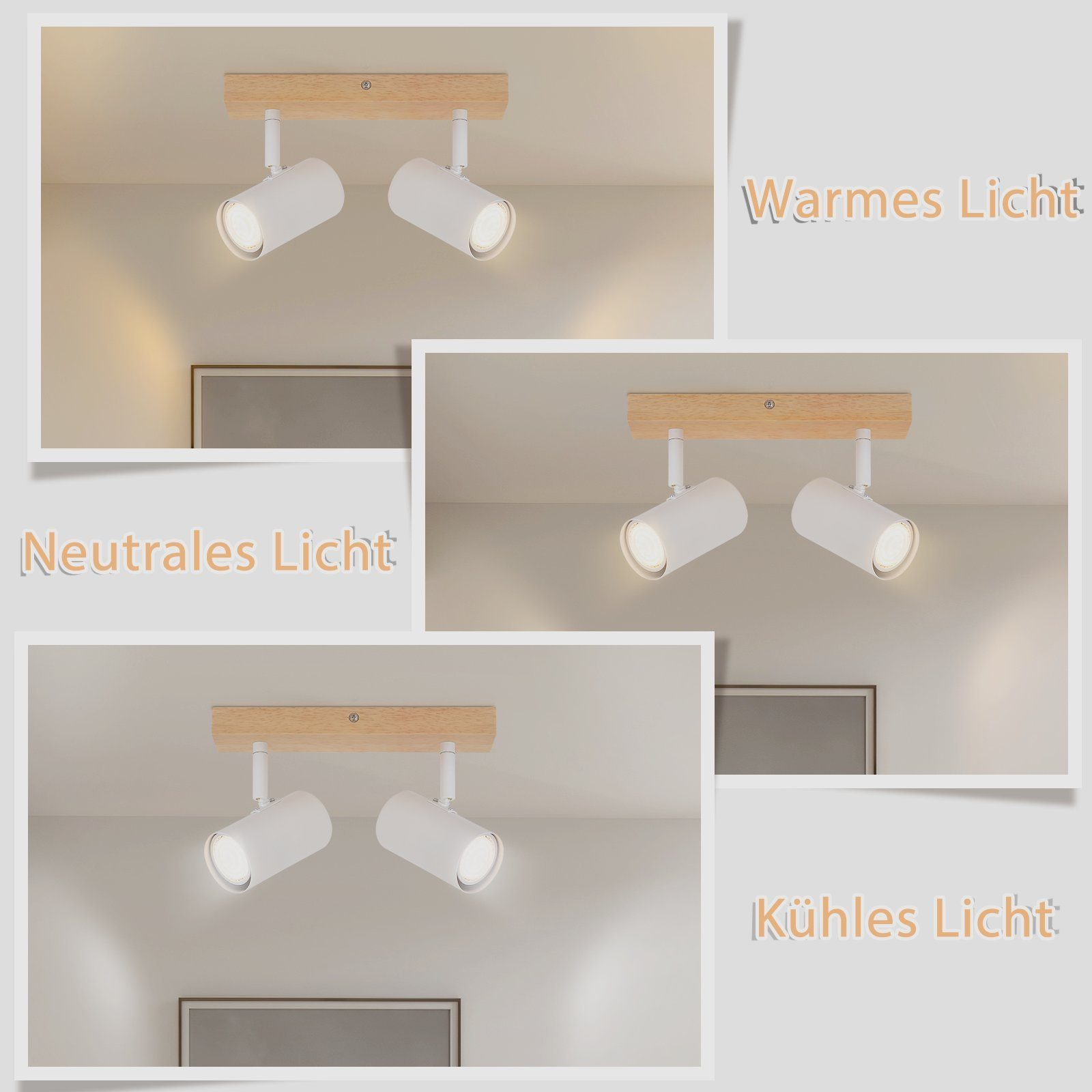 Tre immagini di faretti da soffitto. Ognuna mostra la luce con una temperatura di colore diversa.