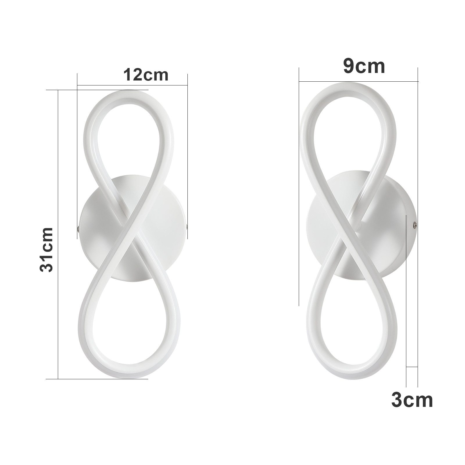 Due lampade da parete bianche. Dimensioni fornite. Design a simbolo infinito.